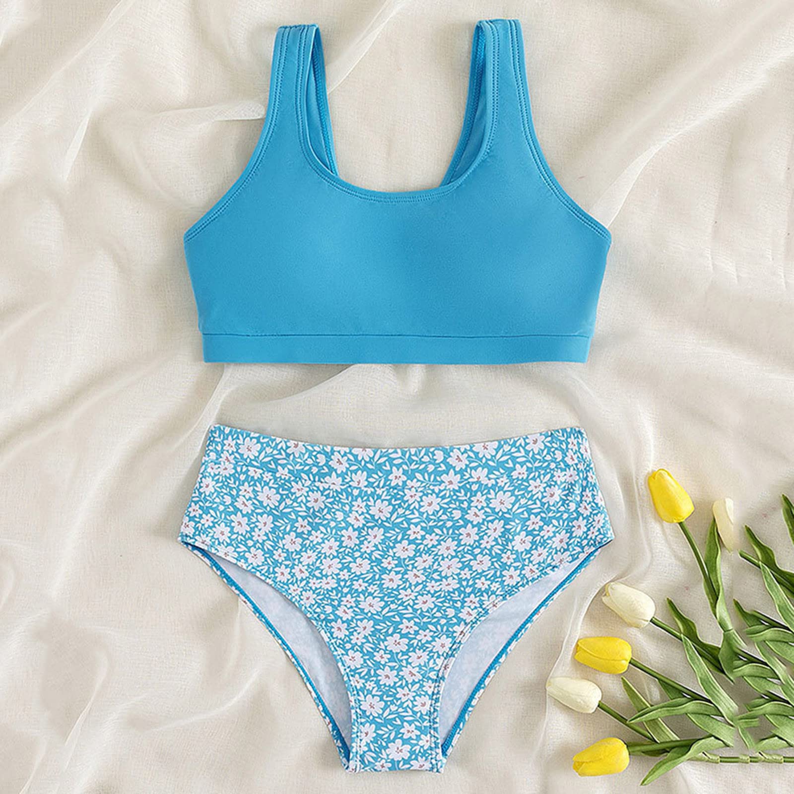 Generisch Bikini De 3 Piezas Para Niña: Falda De Flores Y Color Liso | Traje De Baño Cómodo Para Playa Y Piscina