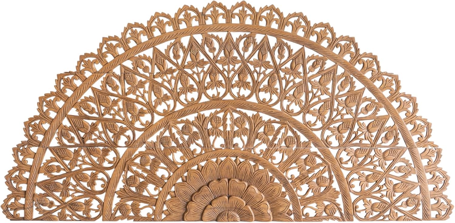 Siam Sawadee Half Moon Asia Hanging Headboard, Wall Art Hanging Decorative Panel, Circle Mounted Bed Head Reclaim Wood, Brown Finish, 72x36 inches