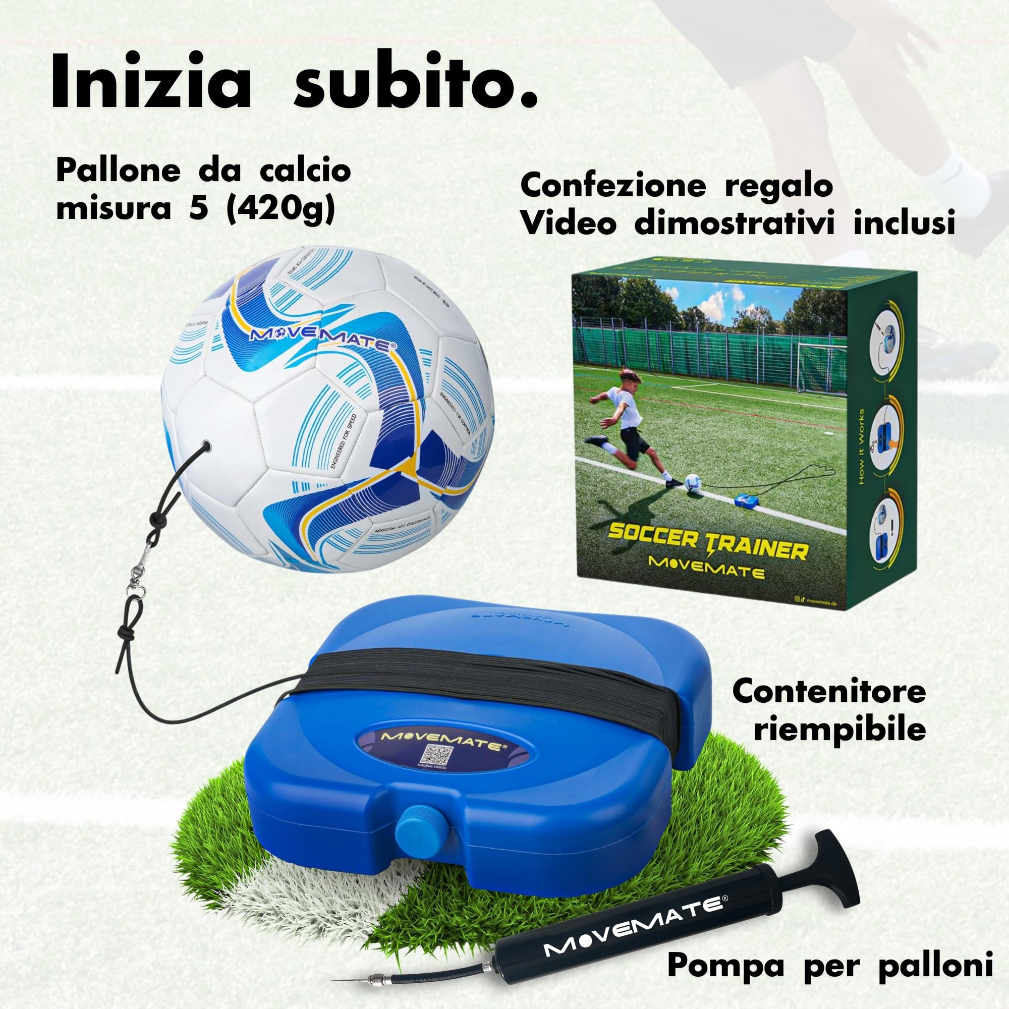 MOVEMATE® Set di allenamento per pallone da calcio, con corda, ideale come regalo da calcio per ragazzi, innovativo strumento di allenamento per esterni, in giardino