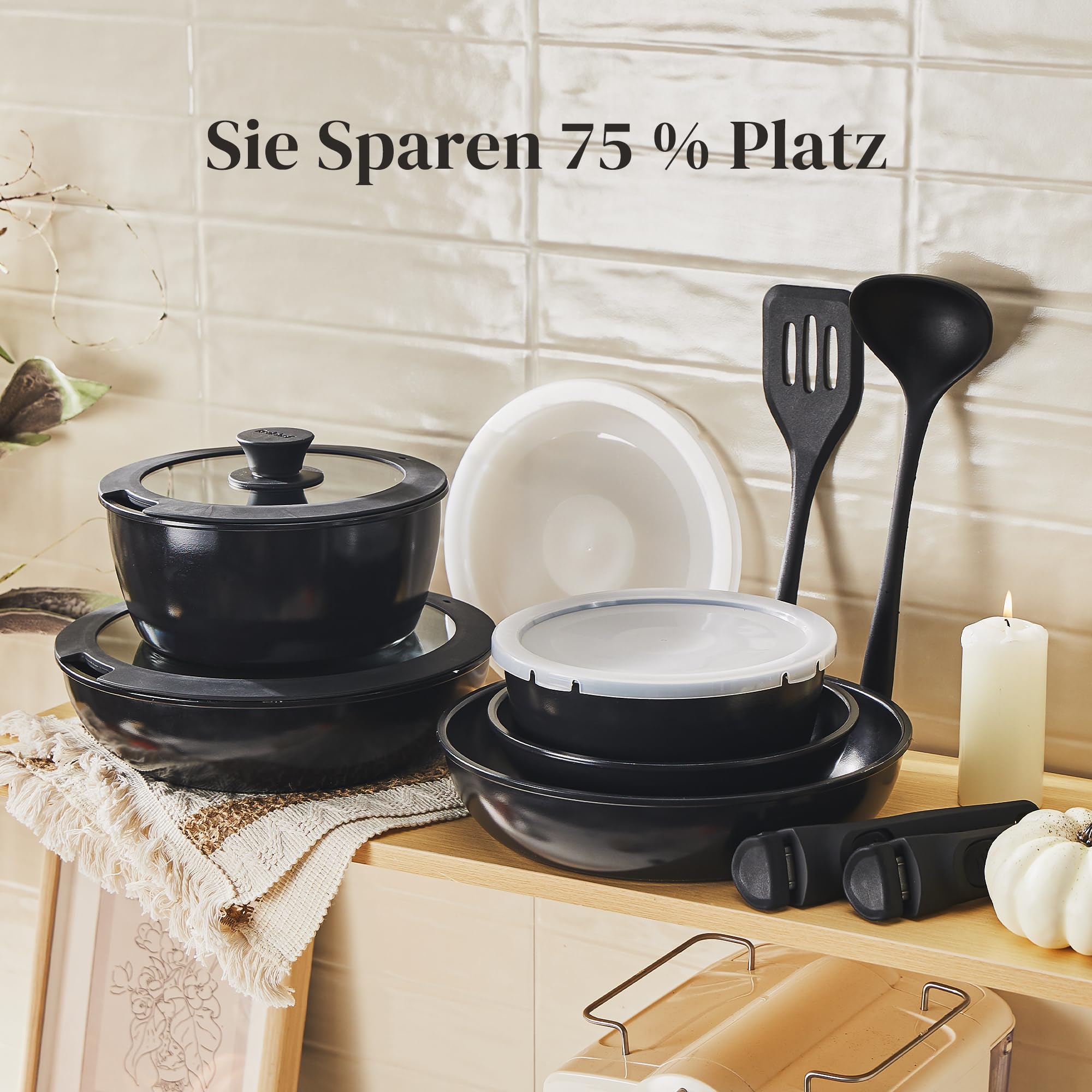 Redchef Set di pentole da 16 pezzi con manici rimovibili, antiaderente in ceramica, padella da 20 + 26 cm, padella da 26 cm, pentola da 18 + 20 cm, impilabile per tutti i piani cottura, adatto al