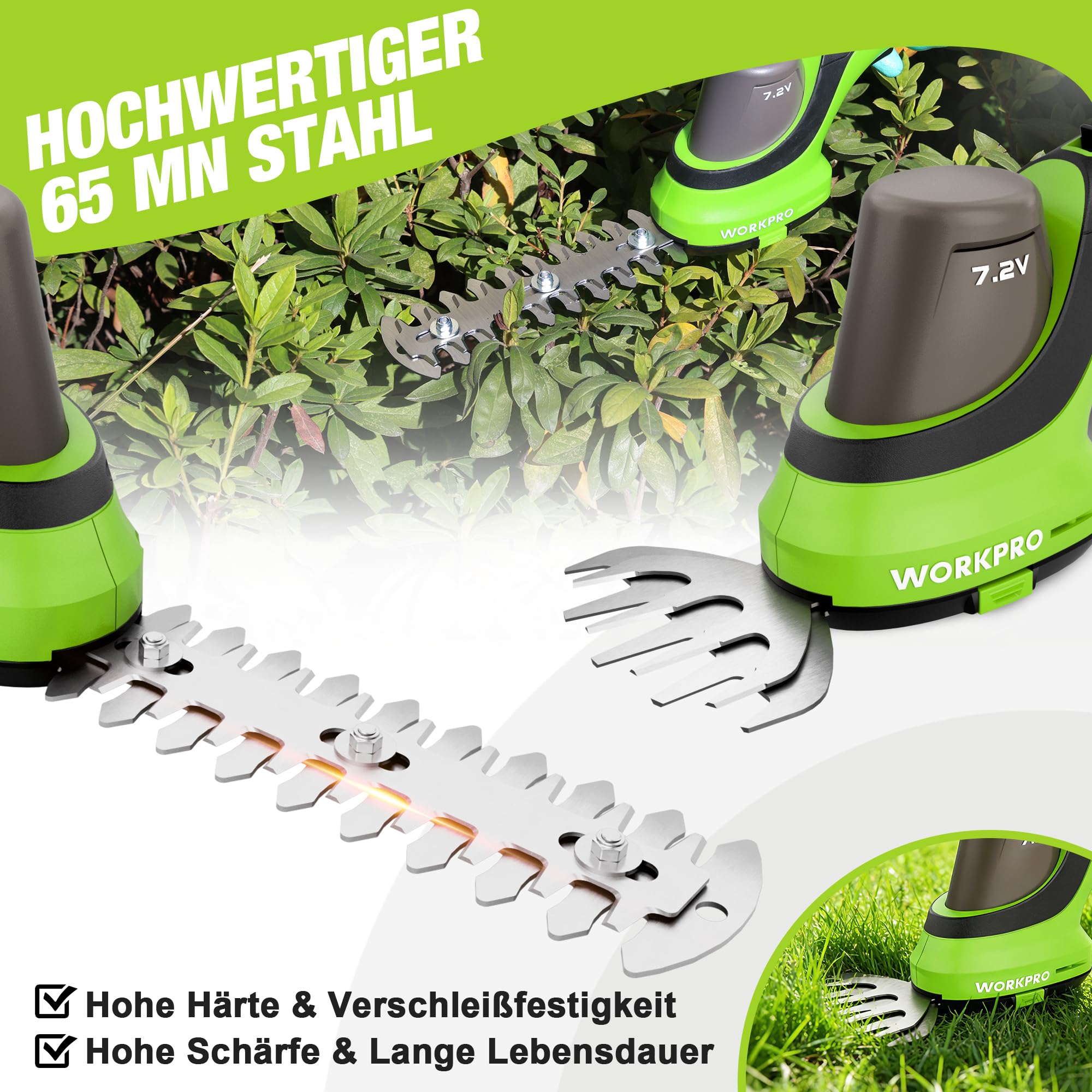WORKPRO Gartenschere Akku 7,2V, 2 in 1 Gras- & Strauchschere mit 2 Messern | Schnittbreite 100 mm, Schnittlänge 150 mm, 2000mAh Akku & Ladekabel, Heckenschere für Rasenkanten, Strauchschnitt