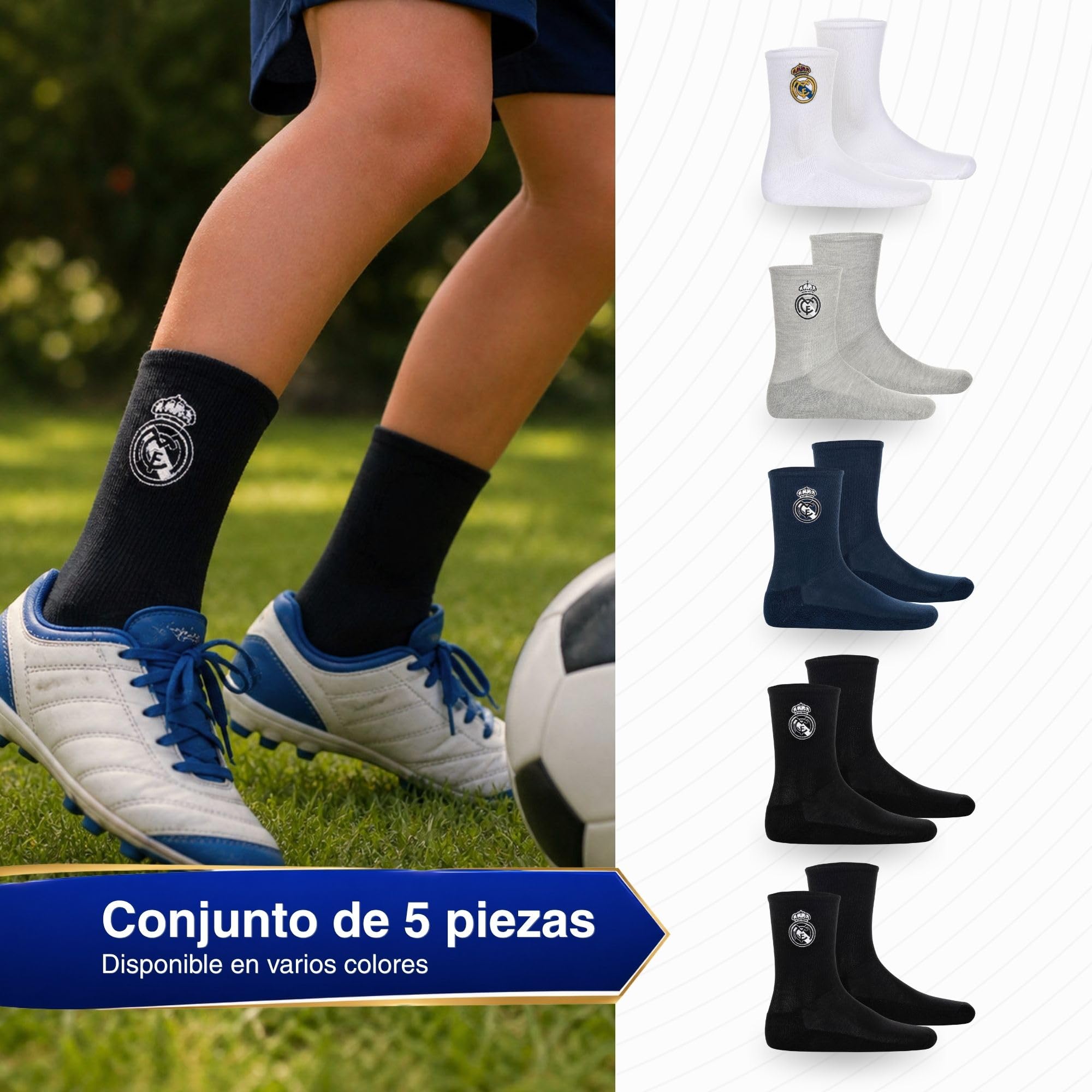 Real Madrid Calcetines Niños Pack 5 | Licencia Oficial | Algodón | Logo Bordado | Regalo Aficionados