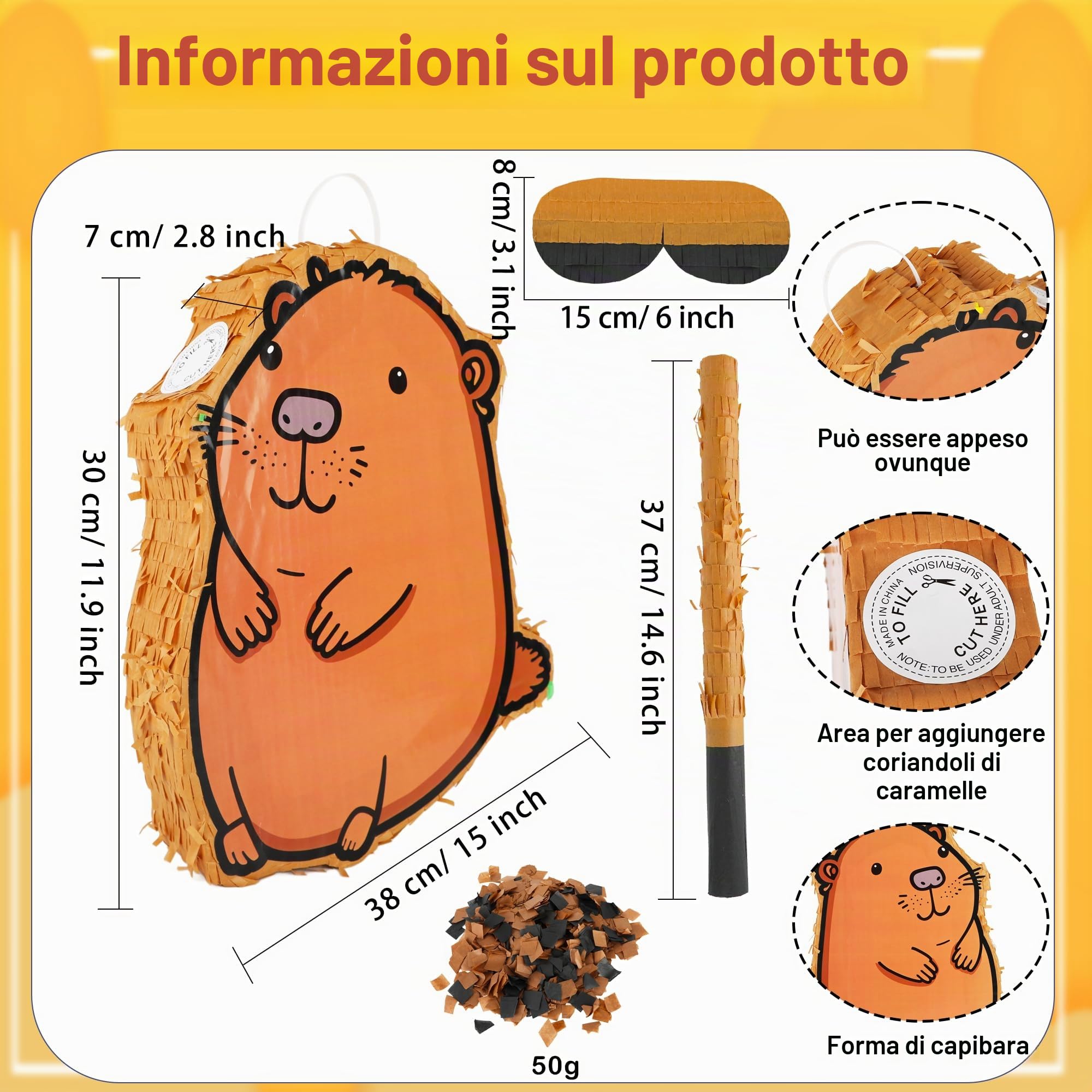 Set di pignatta Capybara con 38 x 30 x 7,1 cm, simpatico animale capibara, bastone bendato, coriandoli per bambini e adulti, accessori per giochi di compleanno, divertente centrotavola per feste con