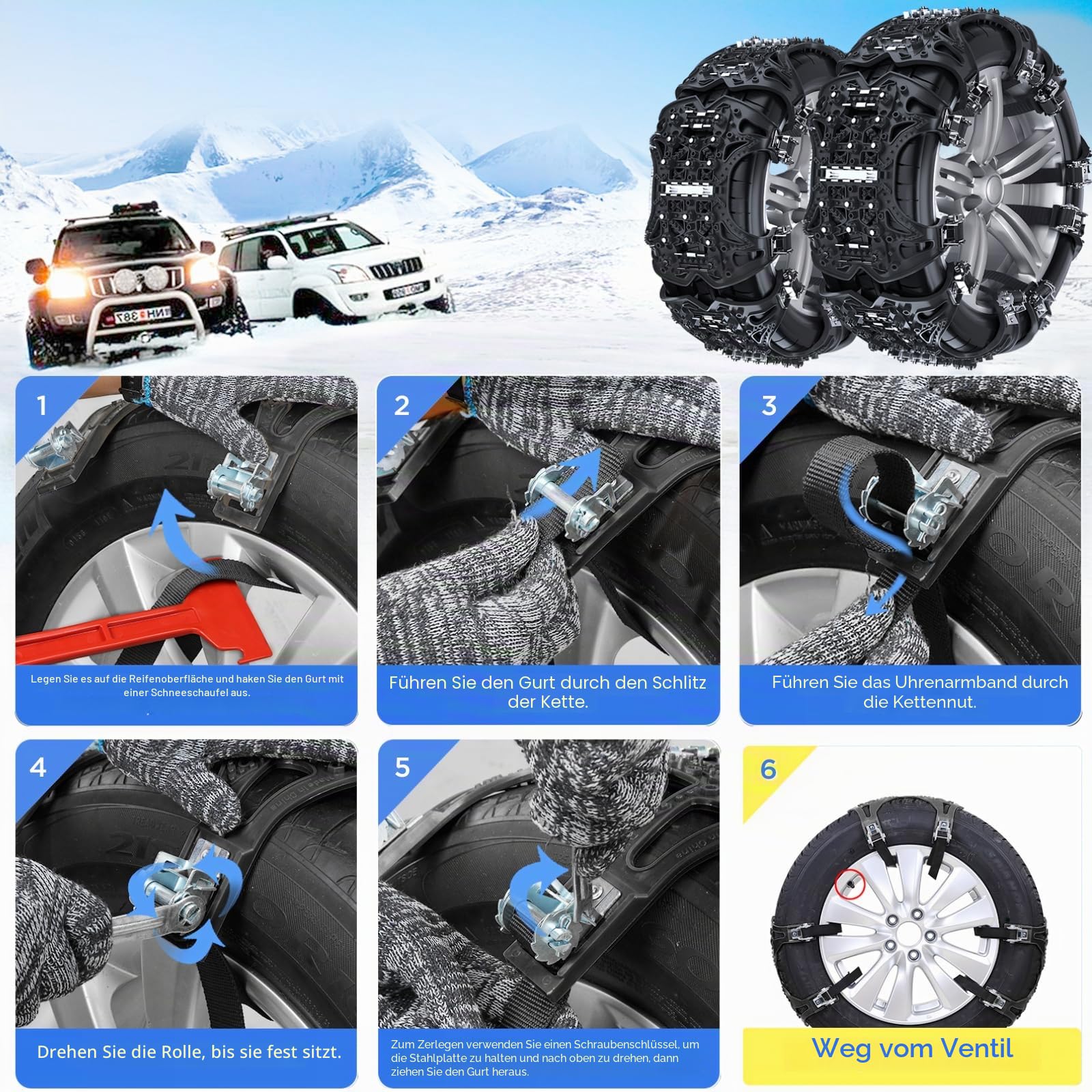 Schneeketten Universal Auto, 6 Stück Snow Chains, Reifenbreite 165-285mm, Passend Für PKW, SUV, MPV Van, 2 Minuten Schneeketten Schnellmontage