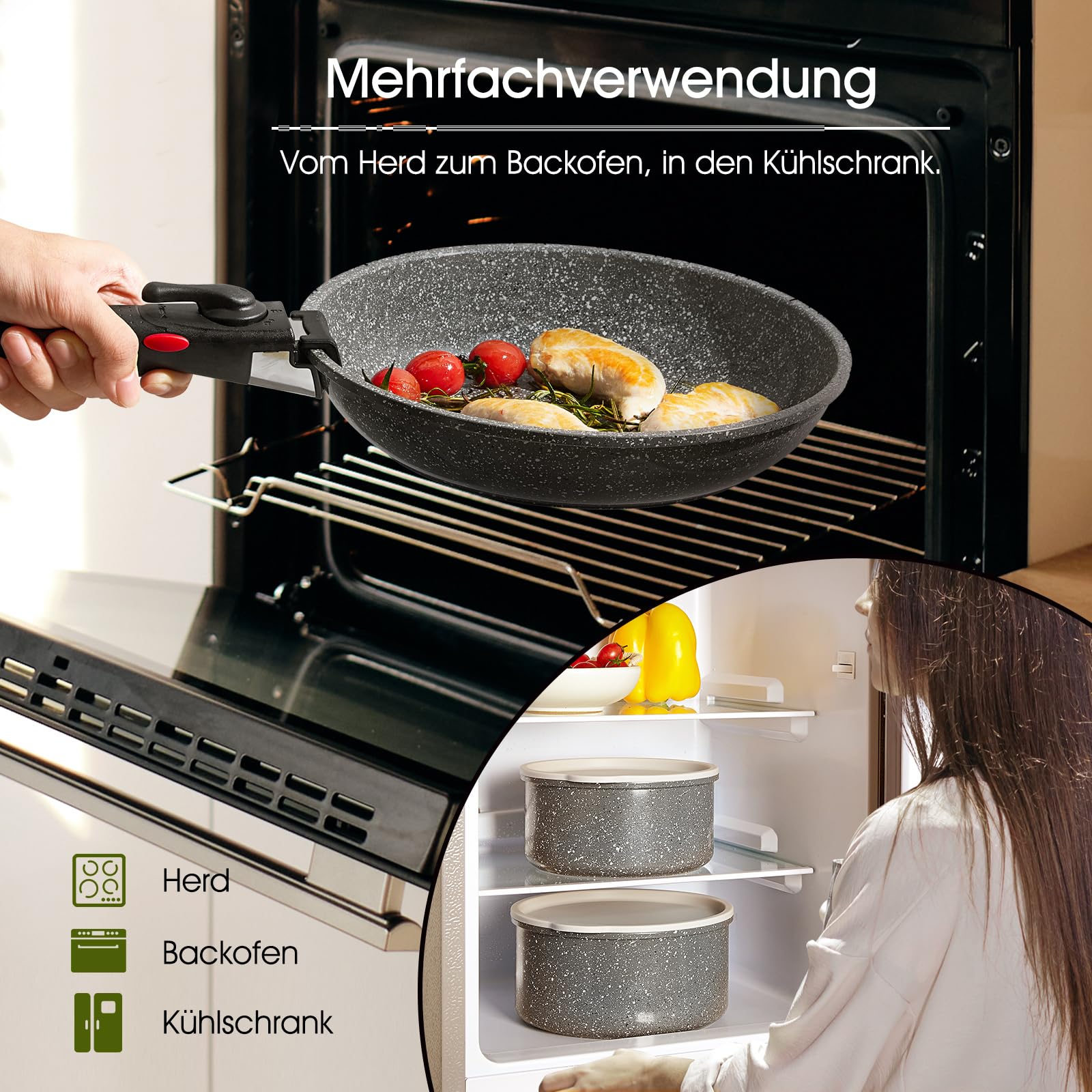 ROSSETTO 7-teilige Topfset Induktion mit abnehmbarem Griff und keramische Antihaftbeschichtung, stapelbar forged Aluminium Kochtopf Set mit Glasdeckel, Bratpfanne, Kasserolle
