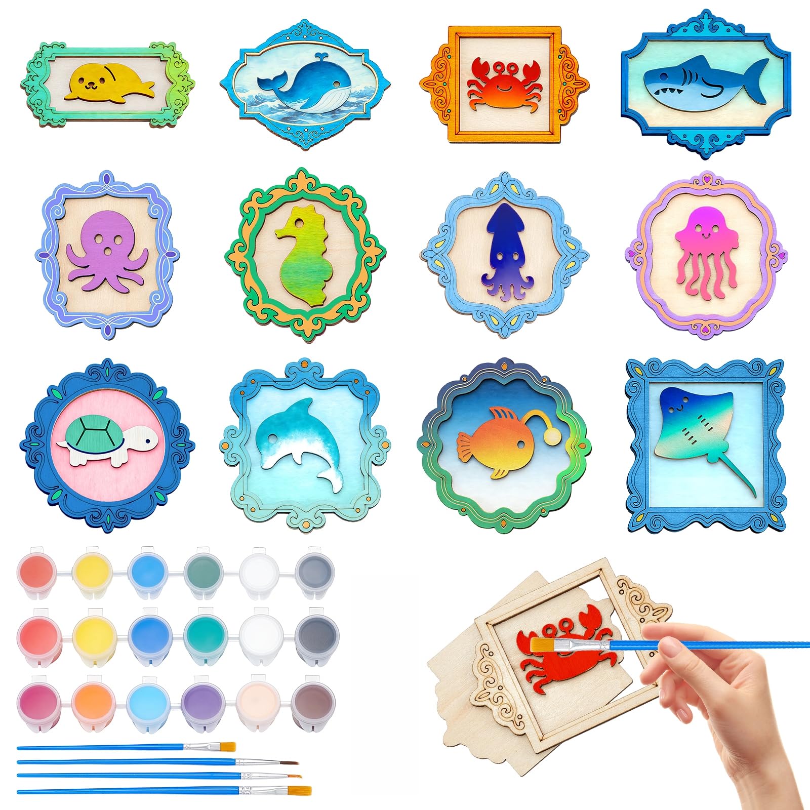 TWINKLEMON 12 Pcs Marine Animal Frames Wooden Craft, DIY Unfinished Wood Crafts for Painting, Woodens Ornaments Paint Crafts with Paint and Brush for Adult Home Decor Craft Art Party Supplies