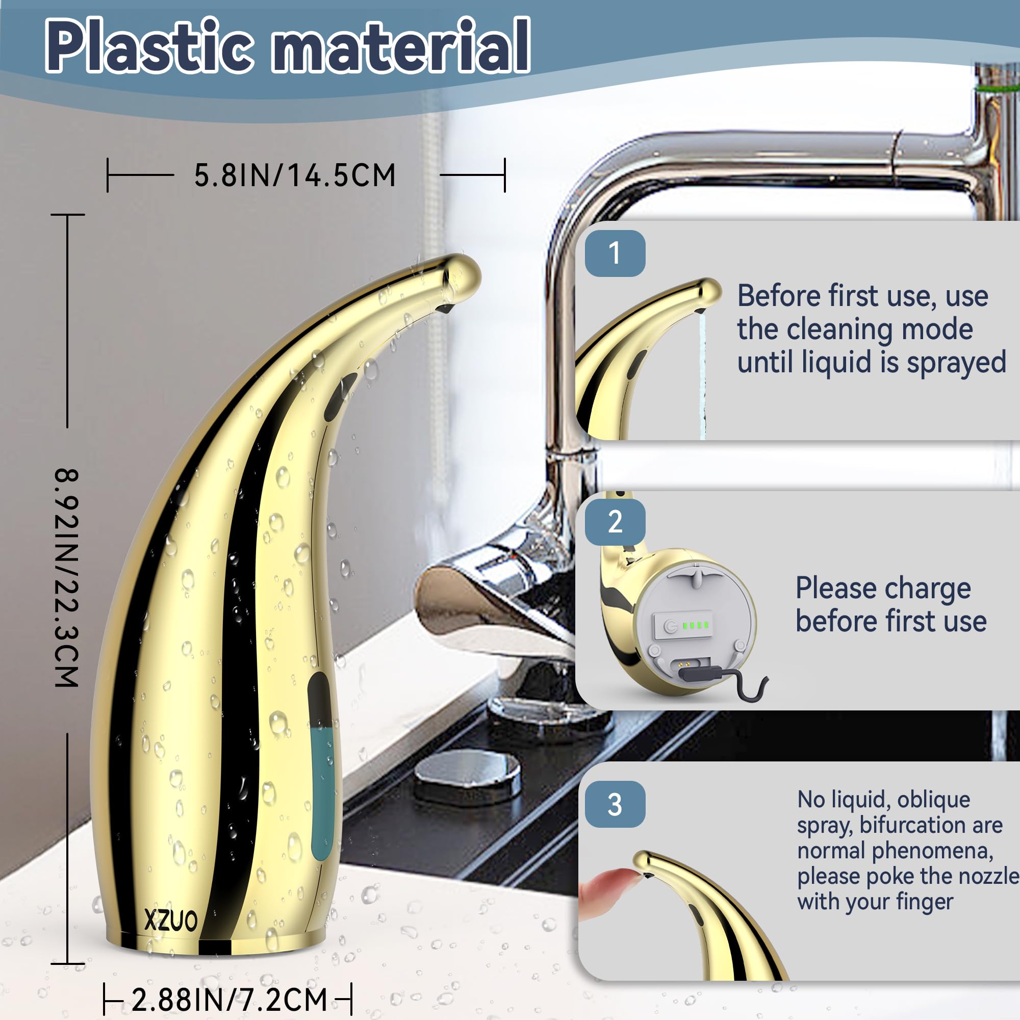Dispenser di sapone automatico ricaricabile, senza contatto, dispenser per sapone da bagno, 4 regolabili, da cucina (oro)