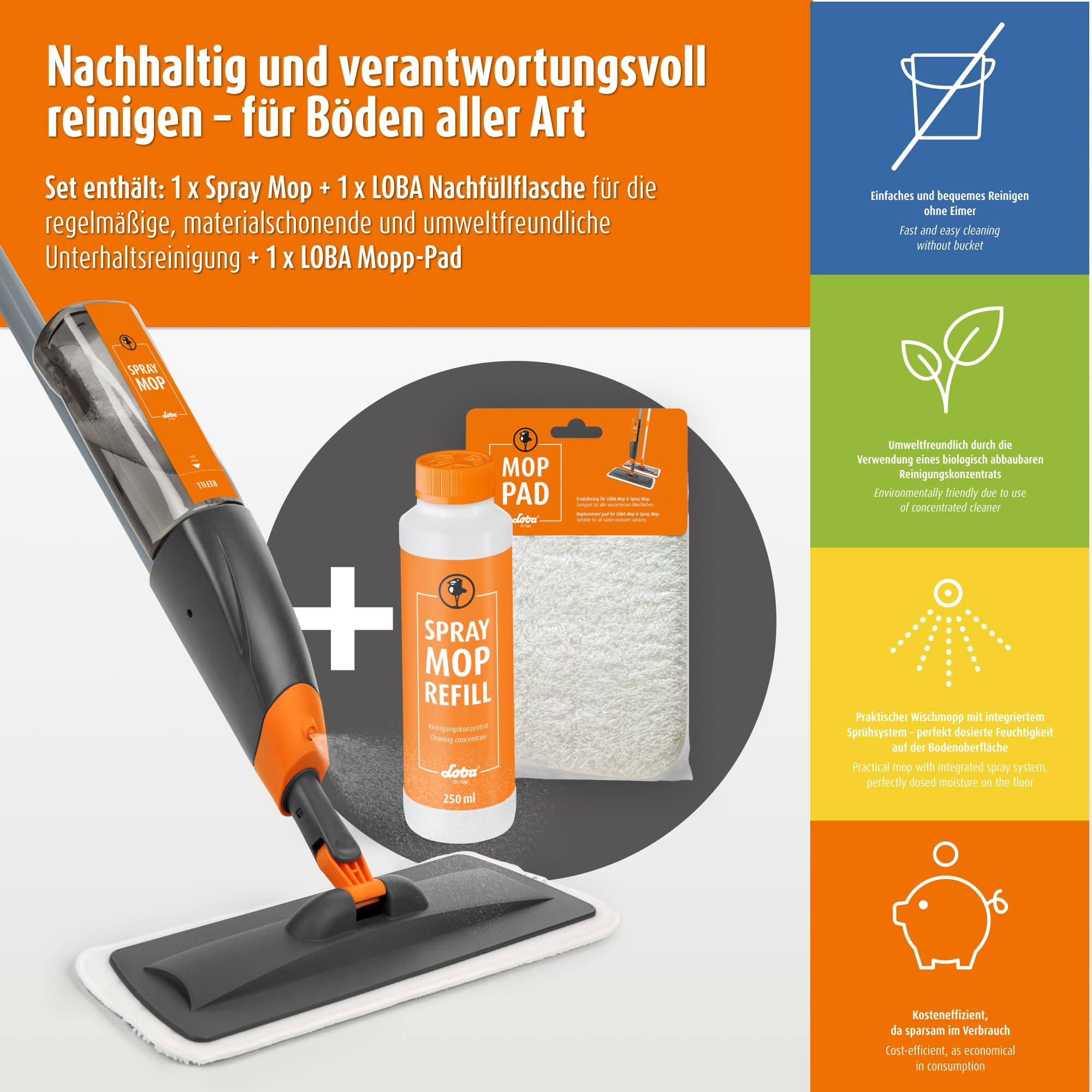 LOBA Sprühwischer mit Sprühfunktion - Bodenwischer mit Wassertank - 360° Drehkopf - Nachfüllflasche - 250 ml Refill Reinigungskonzentrat - Wischmopp für alle Bodenarten wie Holz- & Designböden
