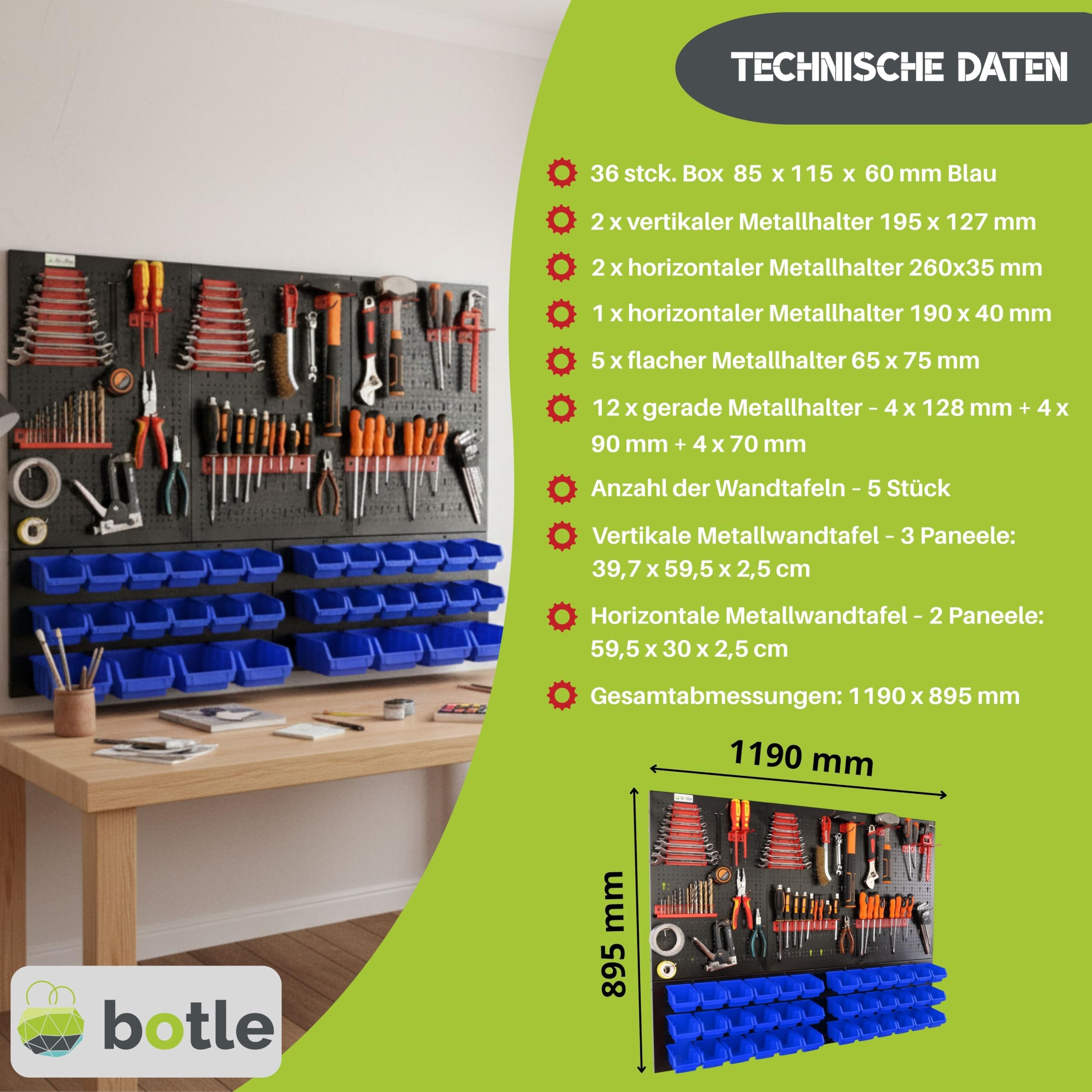 botle® Werkzeugwand Lochwand aus Metall, Stapelboxen + Wandregal + Werkzeughalter 63-tlg Set, Kleinteilelager, Wandwerkstatt mit 36 stapelbaren Blau Behältern, Hängeregal Sortierregal