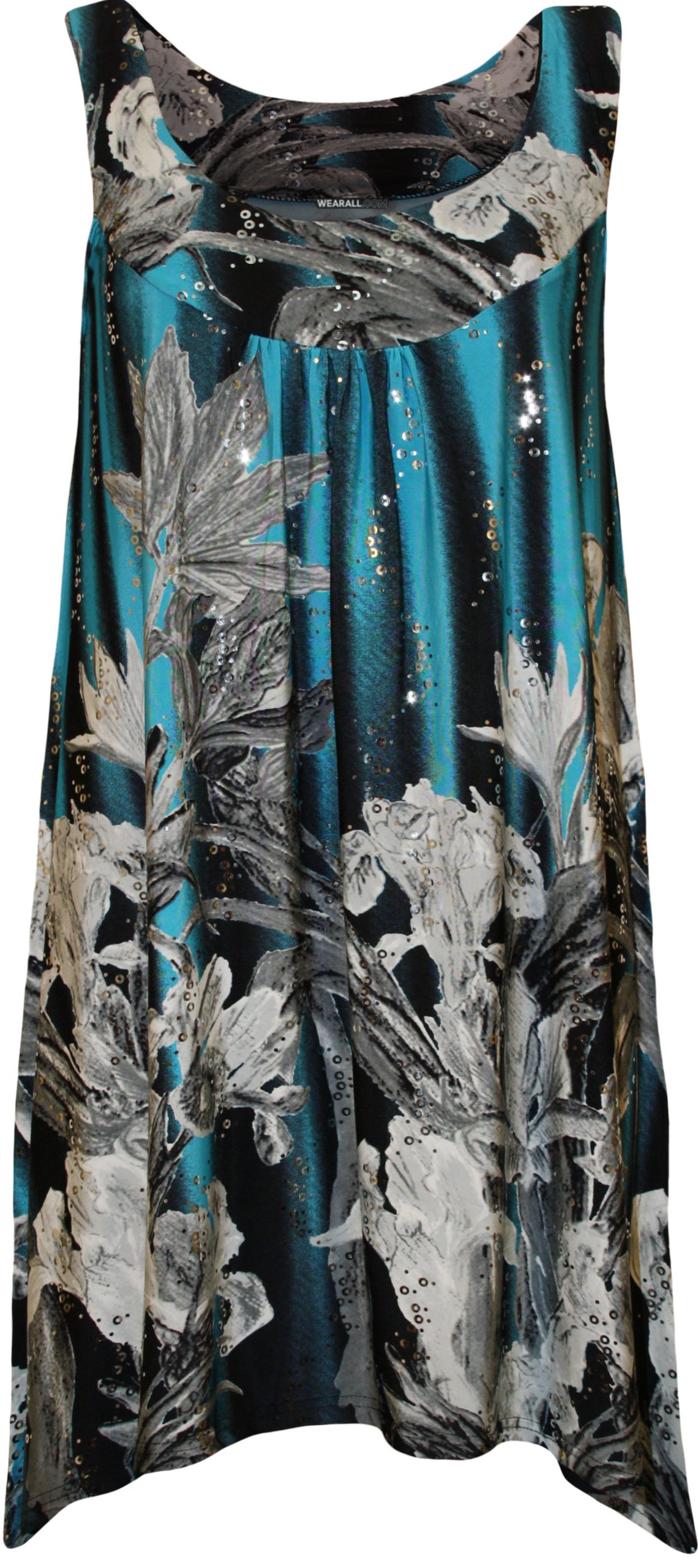Plus Size Womens Sequin Print Ladies Sleeveless Long Swing Vest Top - Turquoise - 22-24