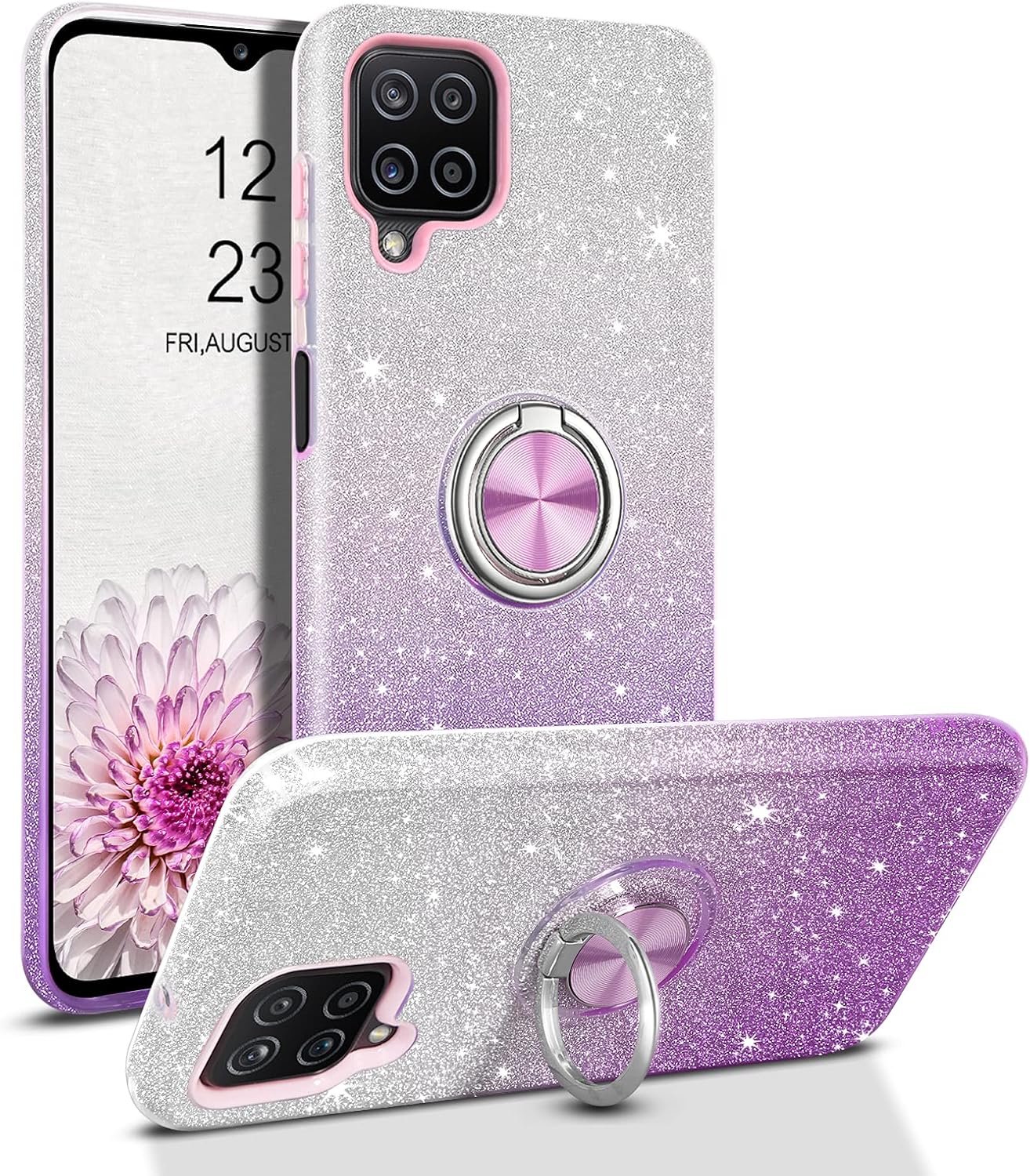 BENTOBEN Samsung A12 Case Samsung A12 5G Case Gradient Glitter Shiny Bling with Rotatable Ring