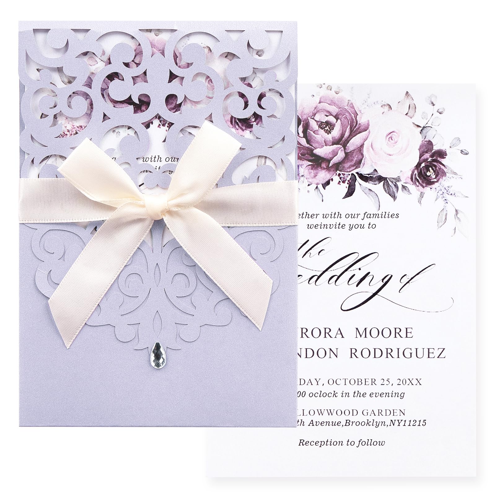 Blanko-Hochzeitseinladungen mit Umschlägen und Antwortkarten, Hellviolett, 50 Stück | Lasergeschnittene Einladungskarten, komplett blanko, für Hochzeit, Verlobung, Babyparty, Brautparty, Quinceanera Sweet 16