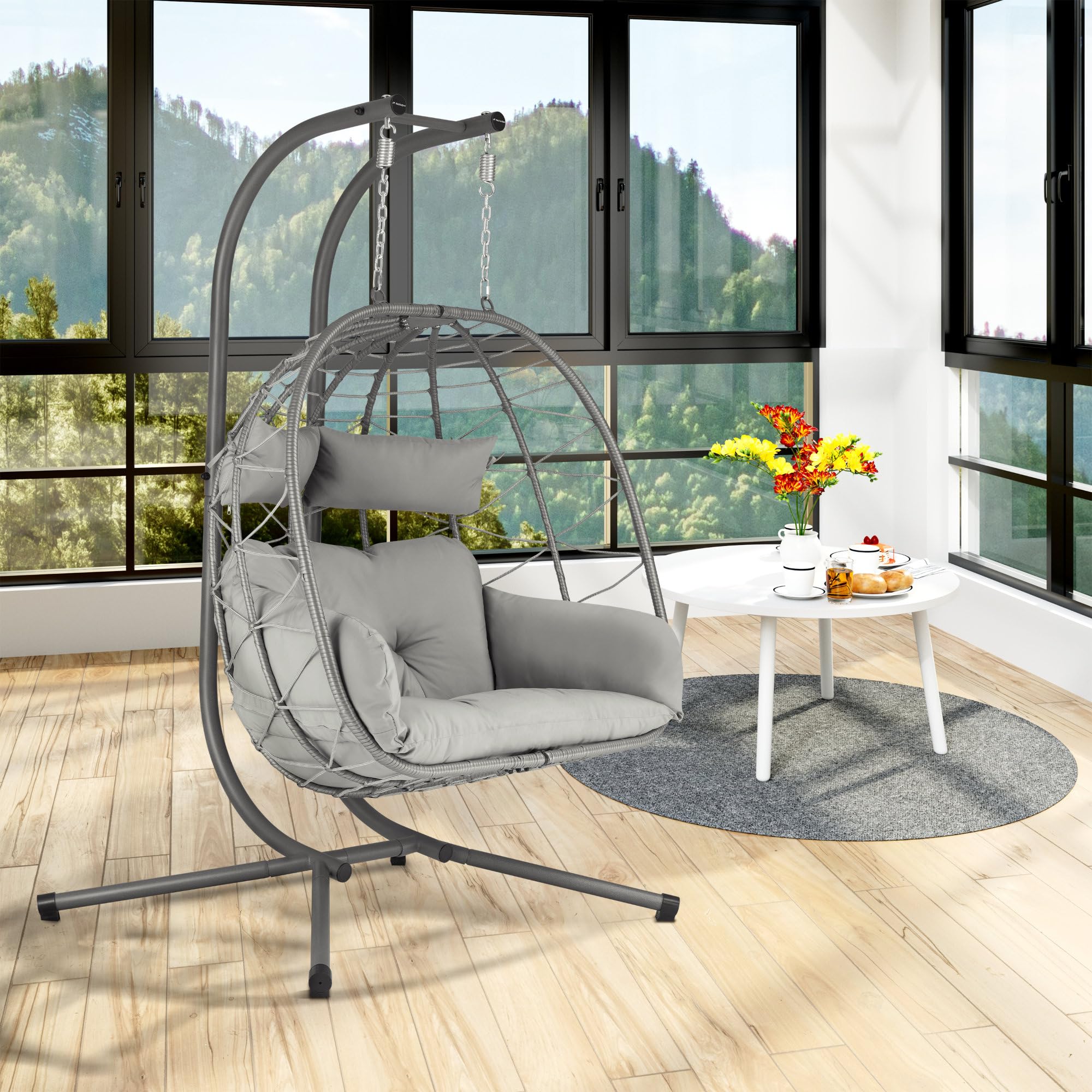 sedia sospesa per 2 persone con sostegno | Grigio | Altalena XXL per interni ed esterni | Cuscino e cuscino inclusi | Sedia a due posti, sedia in vimini