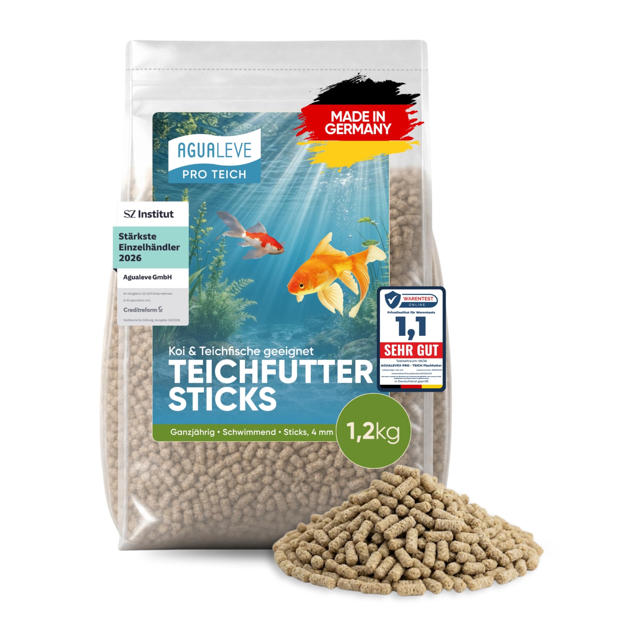 PRO TEICH Teichfutter Sticks 15 L (ca. 1,2 kg) – ganzjährig | schwimmende Sticks 4 mm | Koi & Teichfische | gut sichtbar | Weizenkeim, ausgewogene Nährstoffbasis | Made in Germany