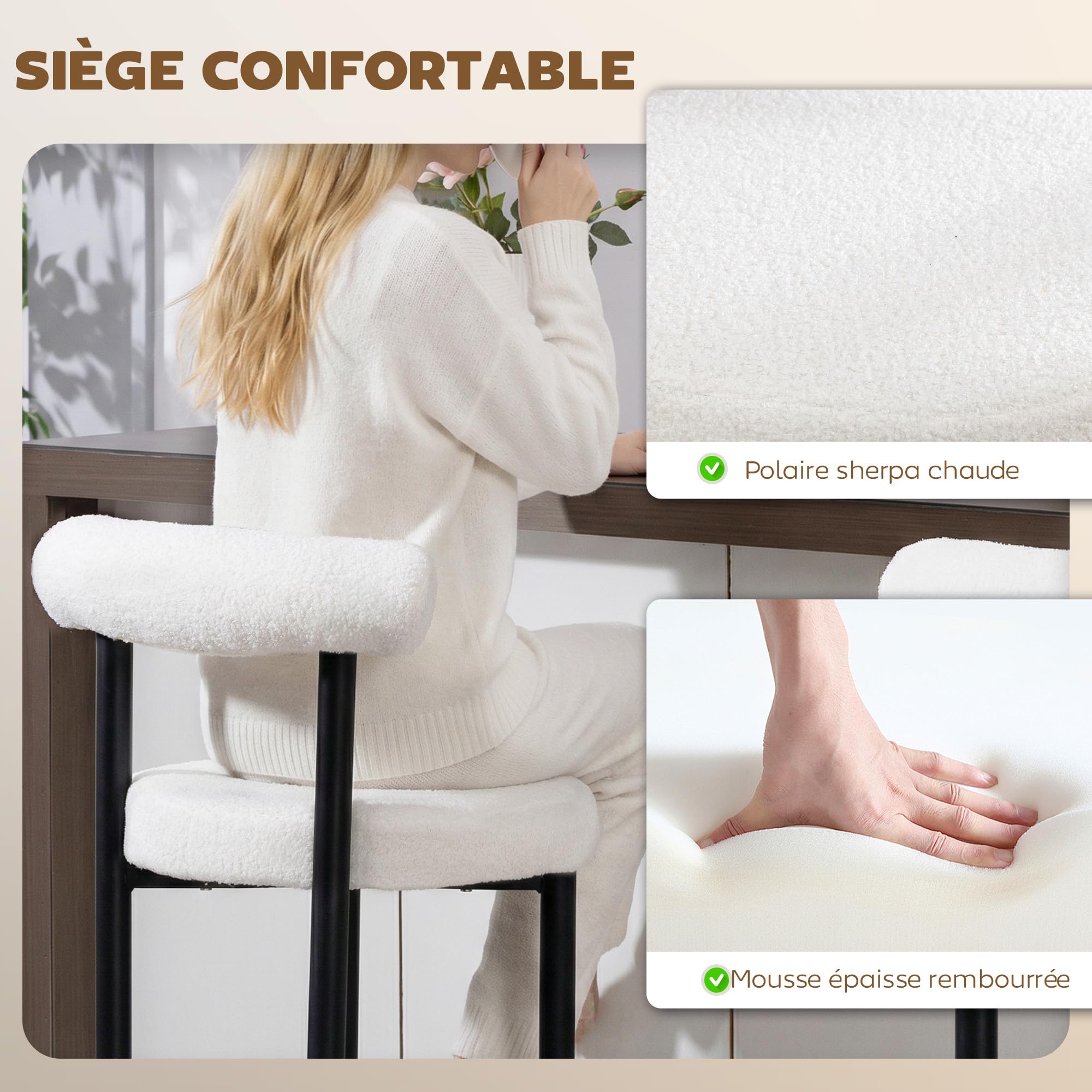 HOMCOM Lot de 2 Tabourets de Bar Tissu Bouclette 50 x 52,5 x 98 cm Blanc