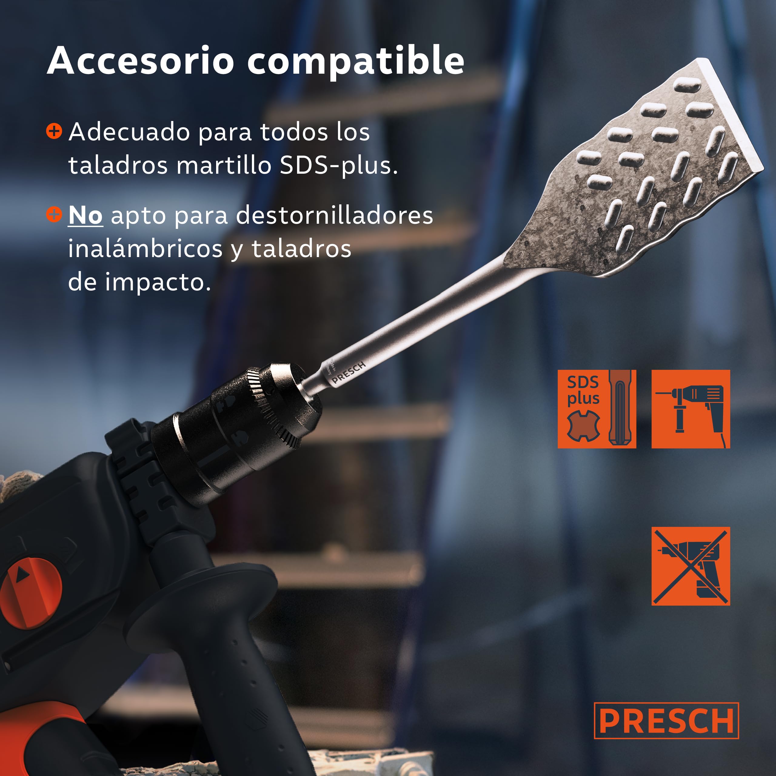 PRESCH SDS plus Cincel Azulejos - Extra largo (250mm) - Bord de corte extremadamente duradero (50mm ancho) - Acodado para facilitar la extracción de azulejos - Acero de alto rendimiento