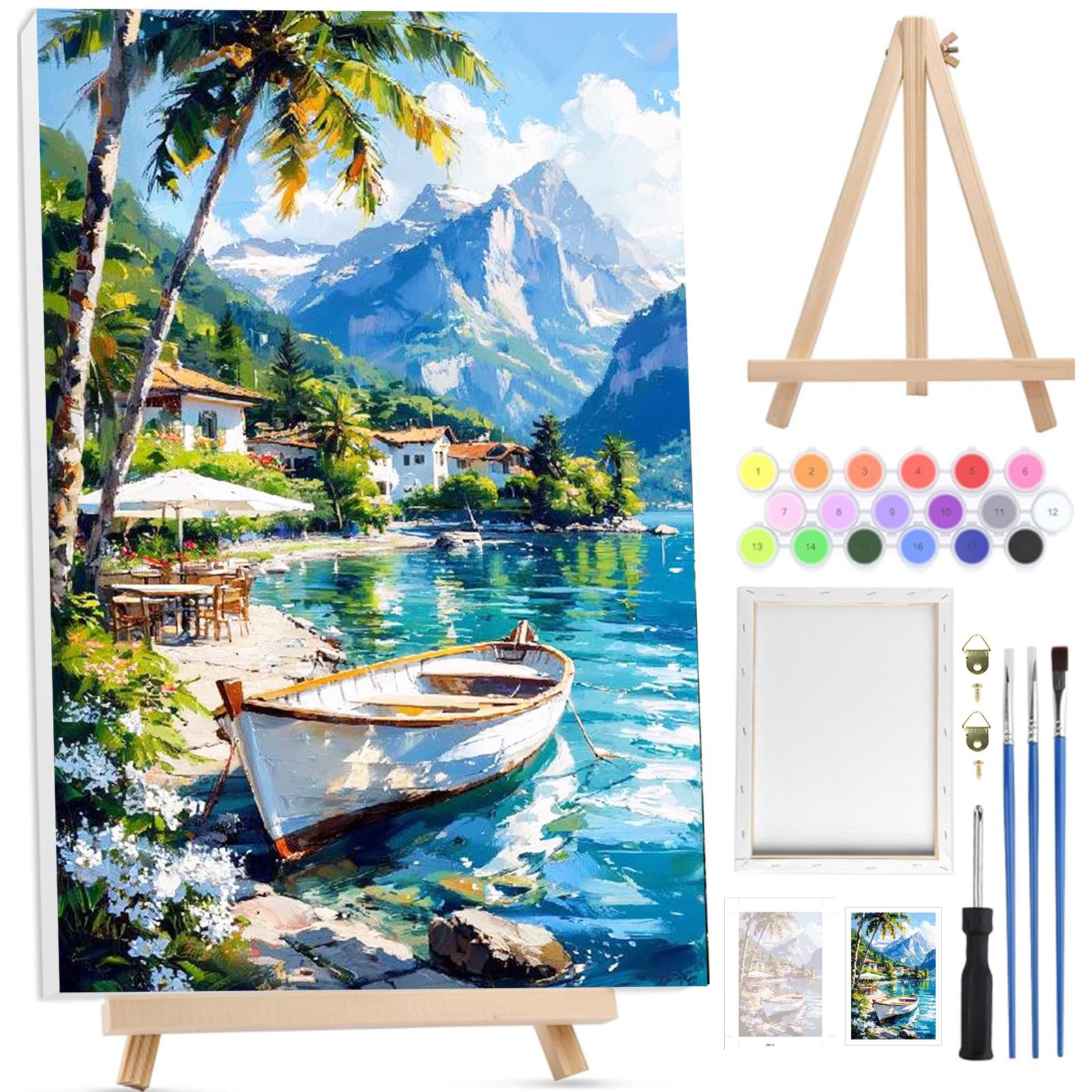 Bowetile Ship Paint by Numbers for Adults with Framed Canvas&Wooden Easel, Scenery Painting by Numbers Kit for Adults Beginners Canvas Kit,Color Oil Painting Acrylic Paints for Home Wall Decor20x30cm