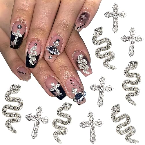 RODAKY Dijes de uñas de serpiente de aleación 3D, 10 piezas de joyería de uñas de cruz plateada, diamantes de imitación, gemas de uñas para mujeres,