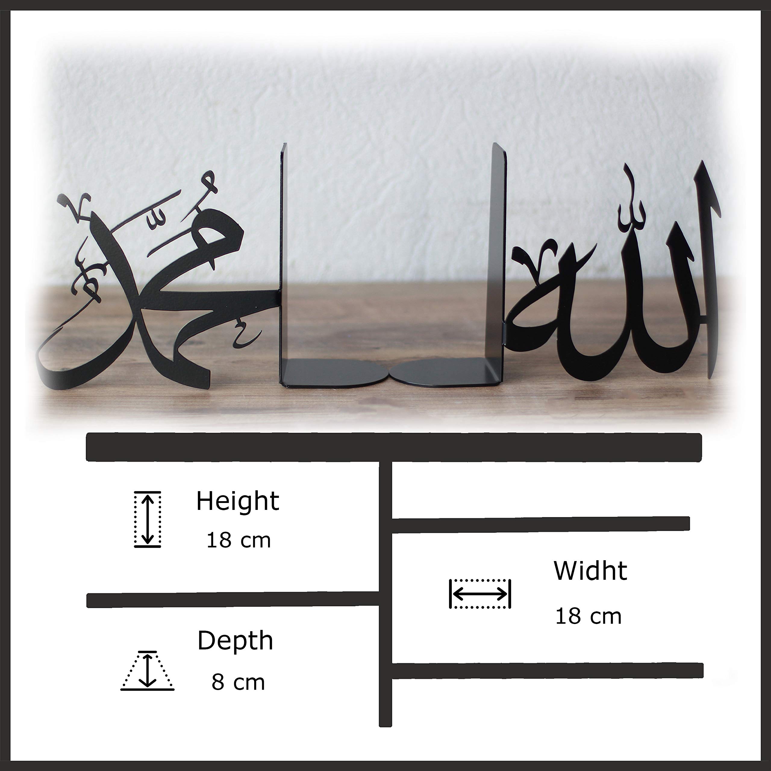 IWA Concept Allah (SWT) und Mohammad (PBUH) Buchstütze aus Metall, Schwarz