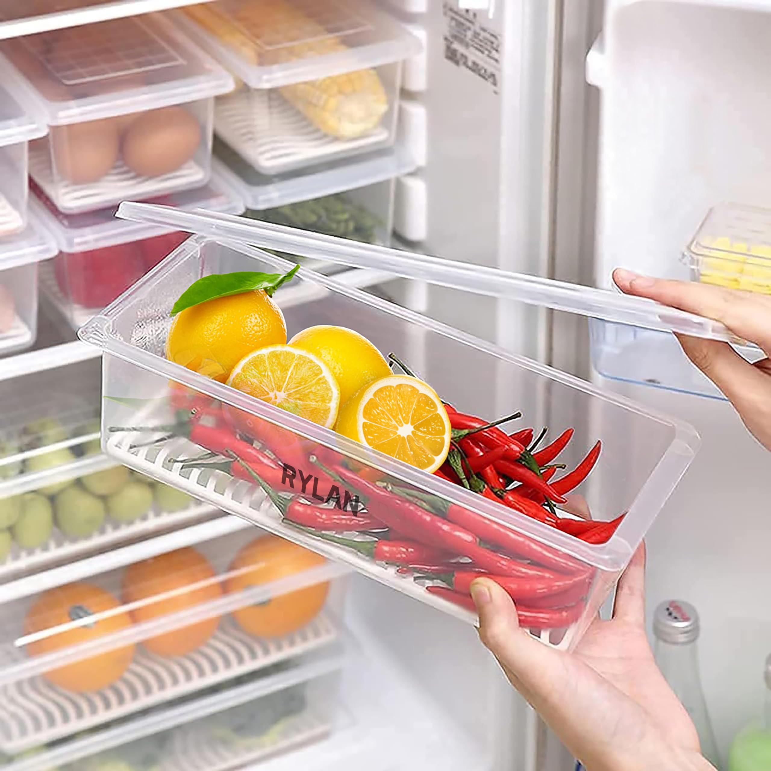 RYLAN Cajas de almacenamiento para nevera, paquete de 5 contenedores de almacenamiento de alimentos, organizador de refrigerador con placa de drenaje extraíble, contenedores apilables de