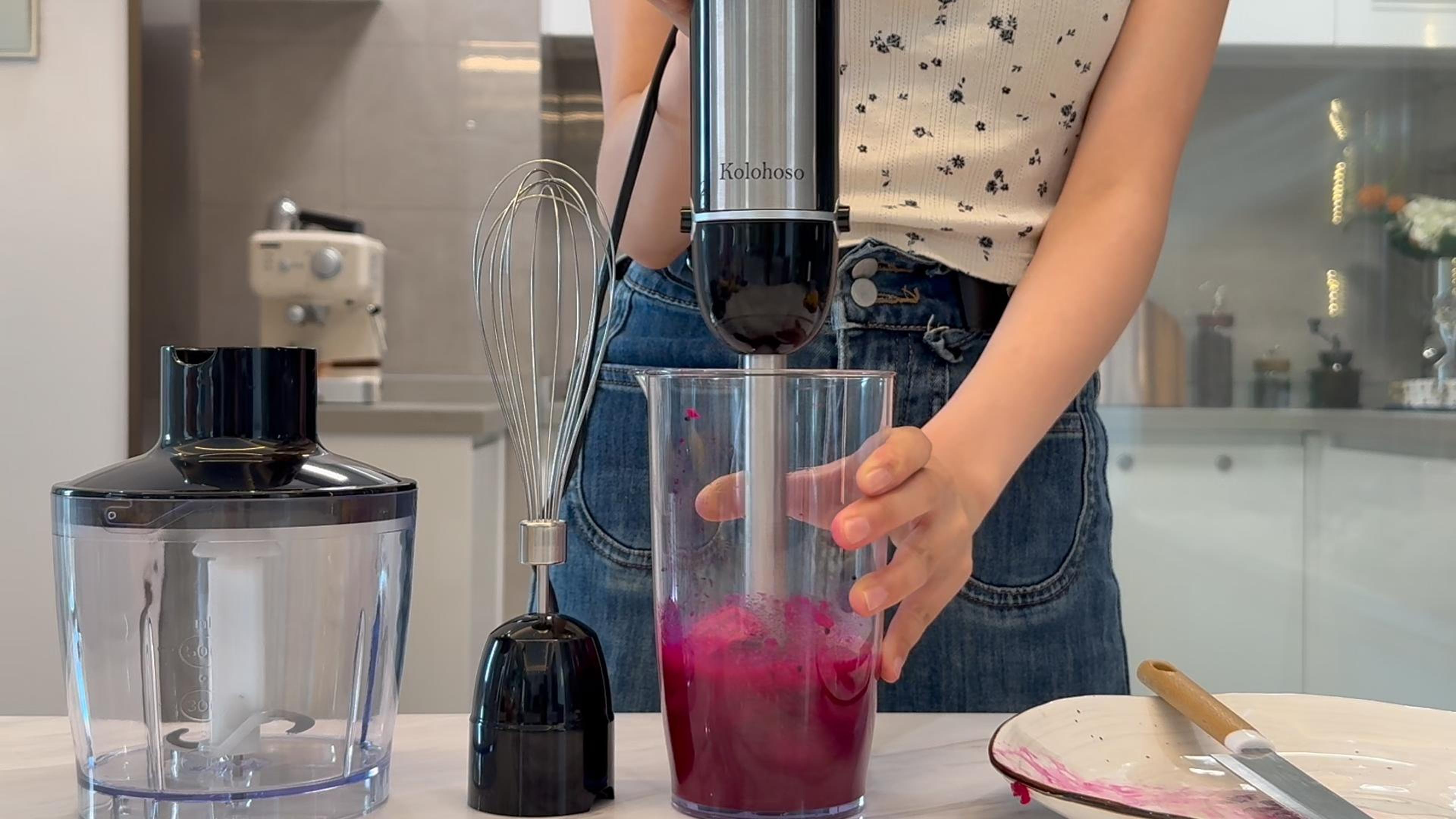 Blackcow Frullatore a immersione a mano, elettrico in acciaio inox con accessori, tritatutto, frusta, montalatte e tazza di misurazione (senza BPA