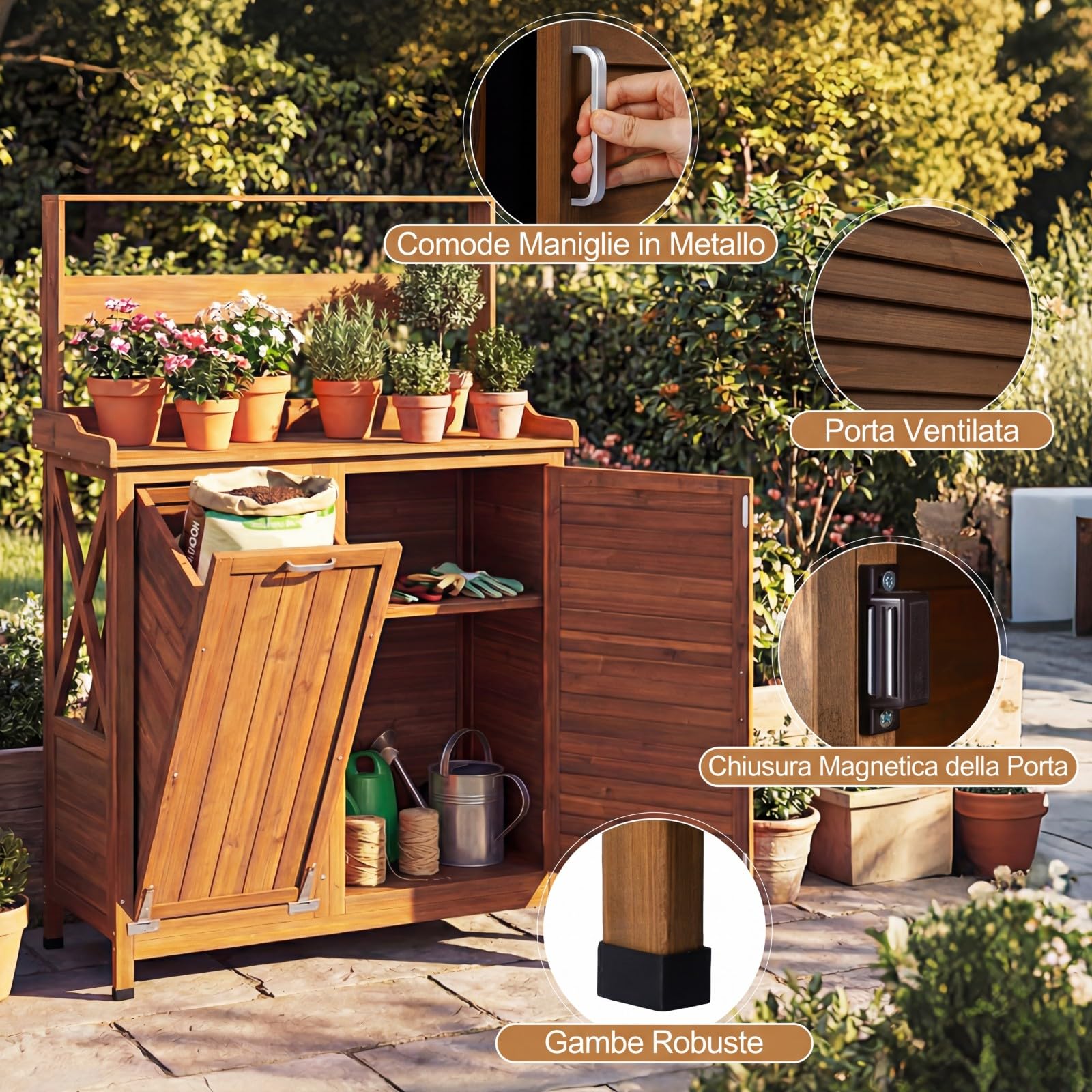 COSTWAY Tavolo da Giardinaggio, Armadietto da Esterno in Legno Massello con Ripostiglio, Ripiani Rimovibili e 2 Ante, Tavolo da Lavoro per Piante da Giardino, Prato e Cortile