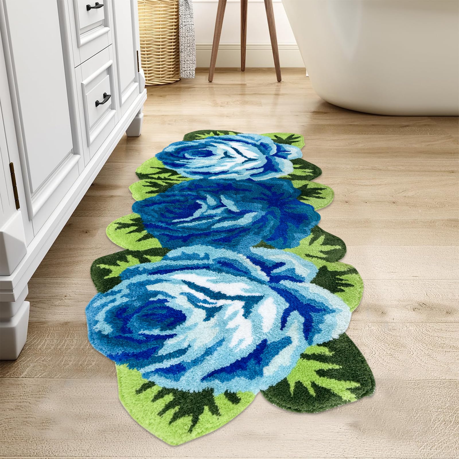 Tapis de sol fait à la main 3 roses bleues 65 x 125 cm