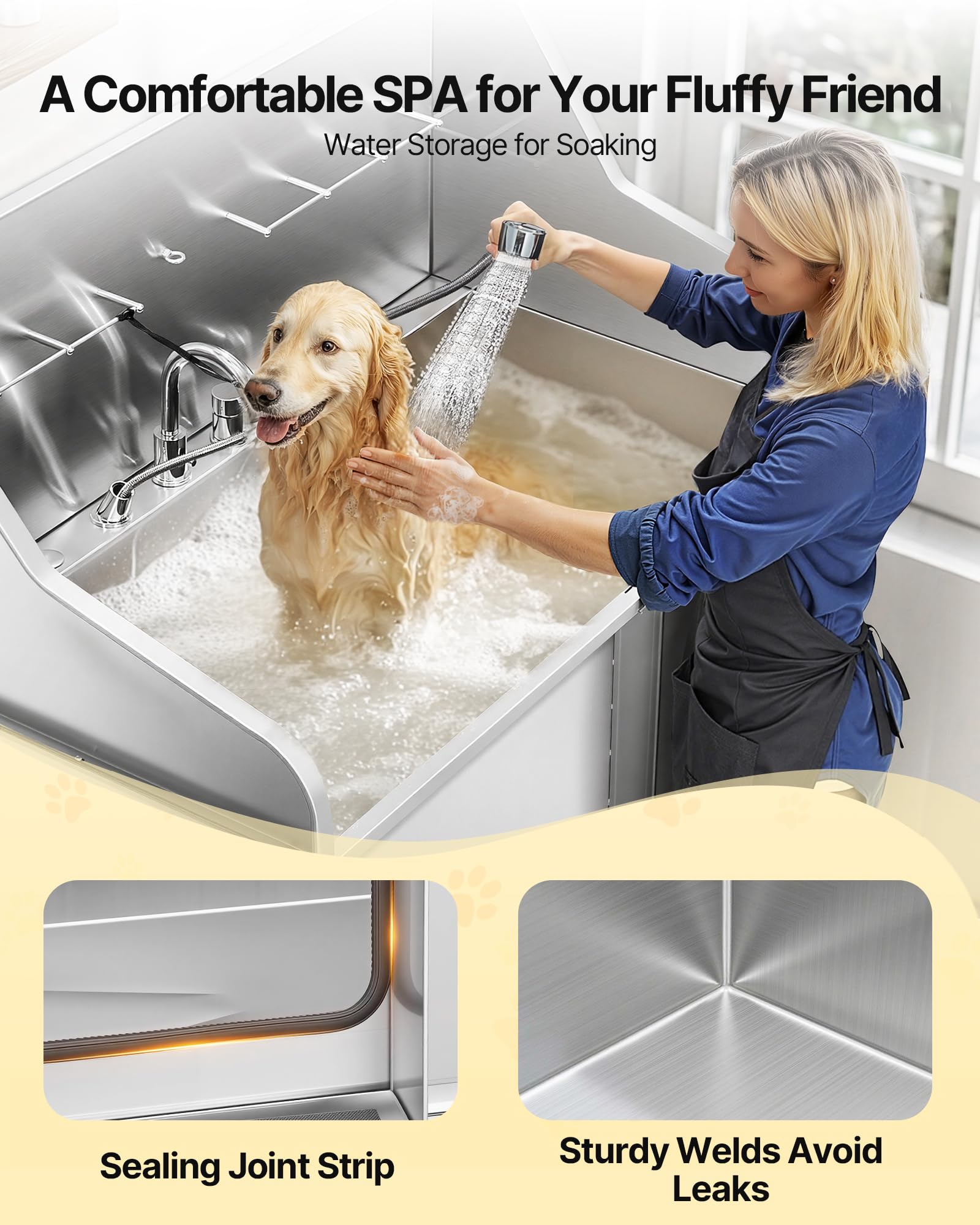 VEVOR Stazione di Lavaggio per Cani in Acciaio Inox, Vasca per Toelettatura per Animali Domestici di Grandi, Medie e Piccole Dimensioni da 127 cm con Rampa, Rubinetto e Porta Sapone, Porta Sinistra