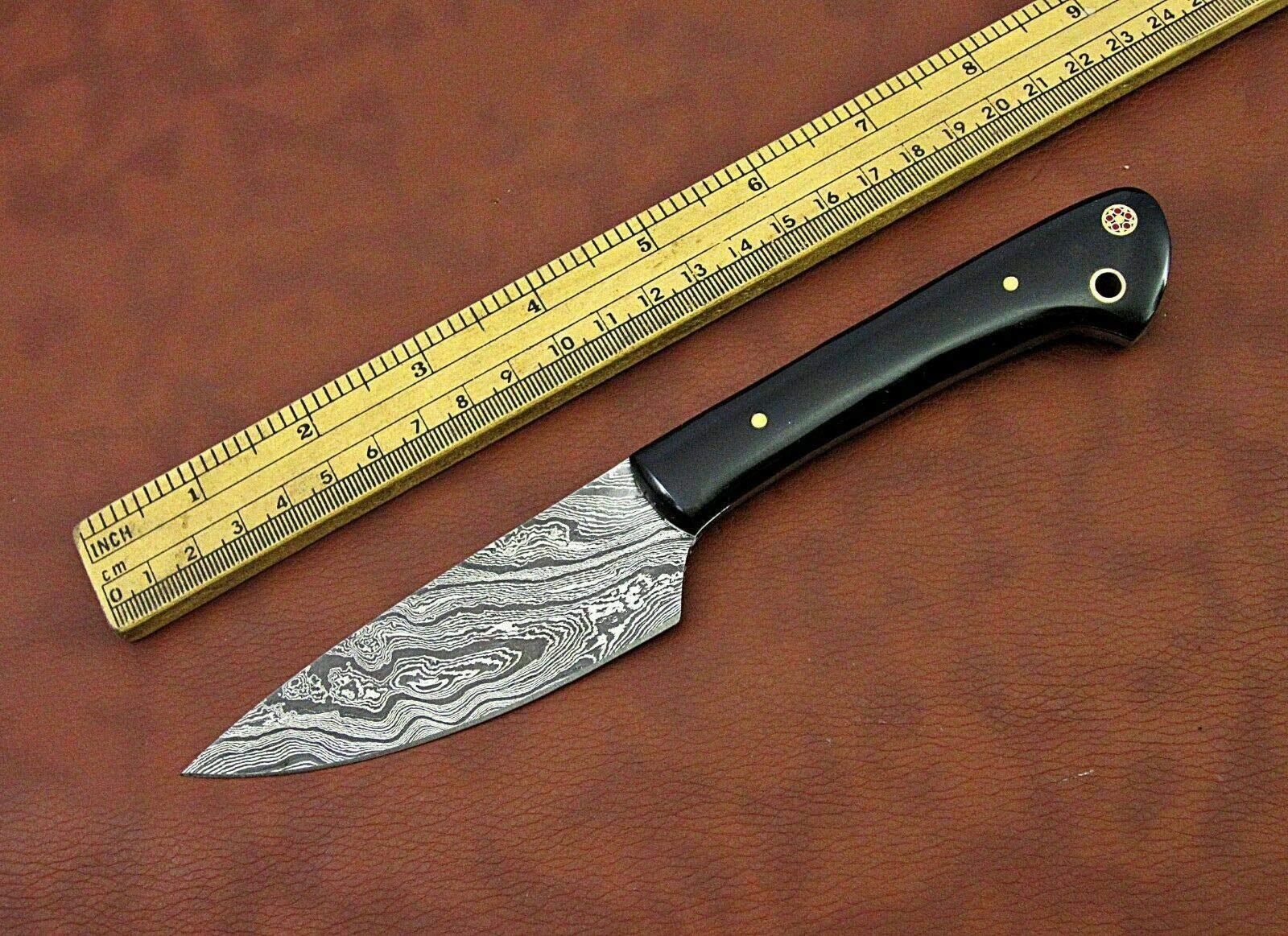 2 pieces Damascus steel kitchen utility knives, Hand forged twist pattern Damascus steel blade, Natural Buffalo horn scale