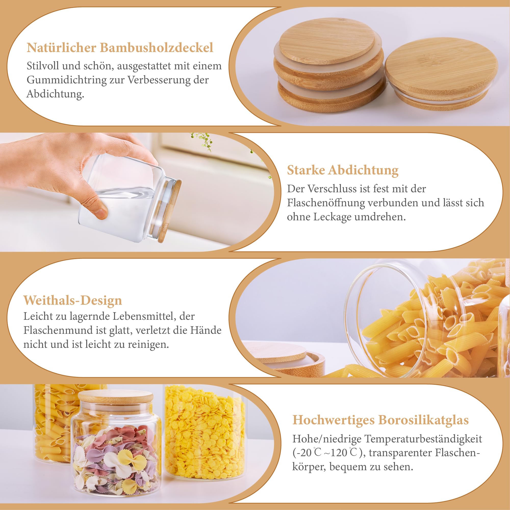 Set di 3 barattoli in vetro con coperchio, 900 ml, con coperchio ermetico in bambù, contenitori decorativi da cucina per cereali, pasta, farina, chicchi di caffè, overnight oats, medio