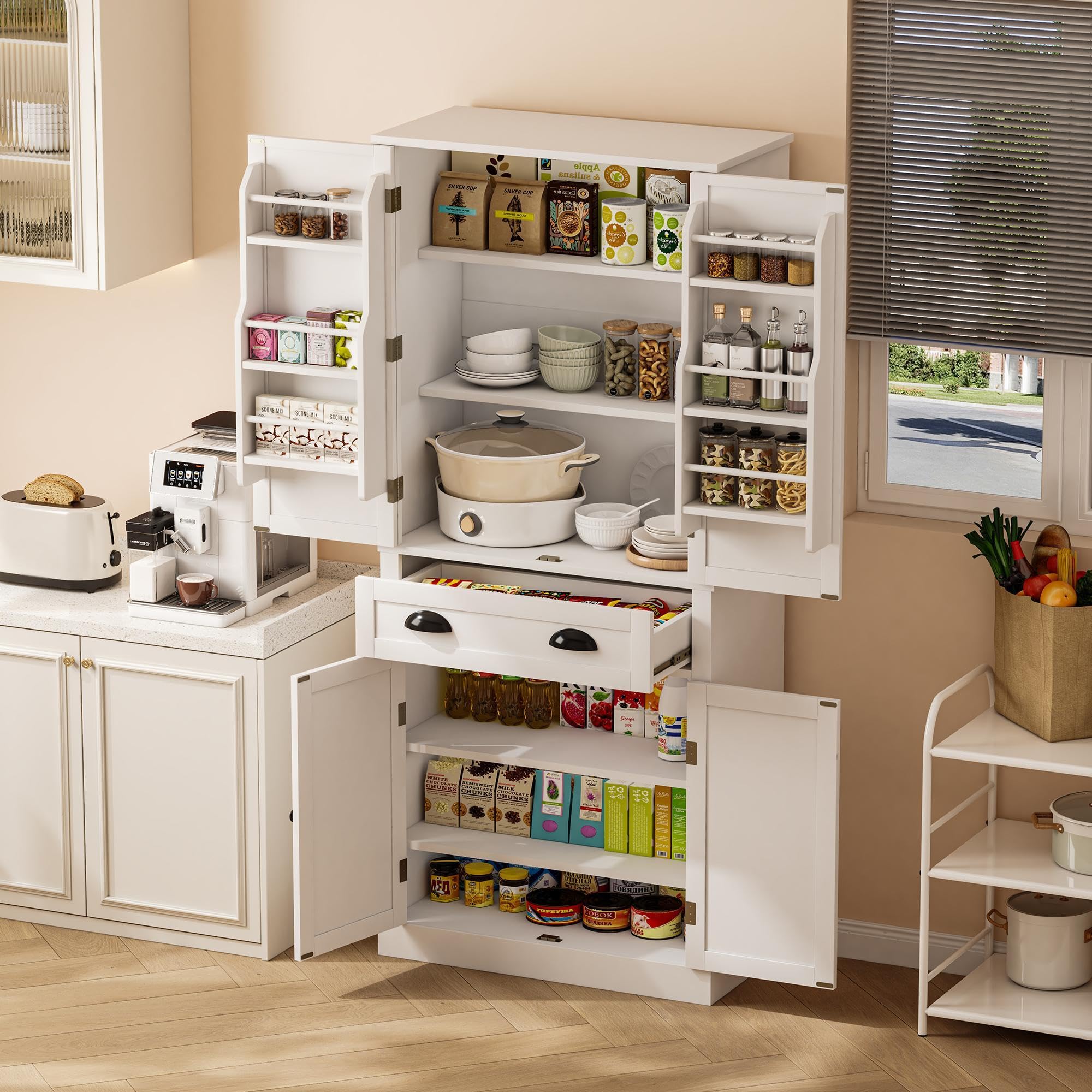 SACOOL Armadietto a 4 ante e 1 cassetto, 2 ante con ripiani, 6 scomparti e 4 ripiani regolabili, adatto per cucina, sala da pranzo e soggiorno, bianco