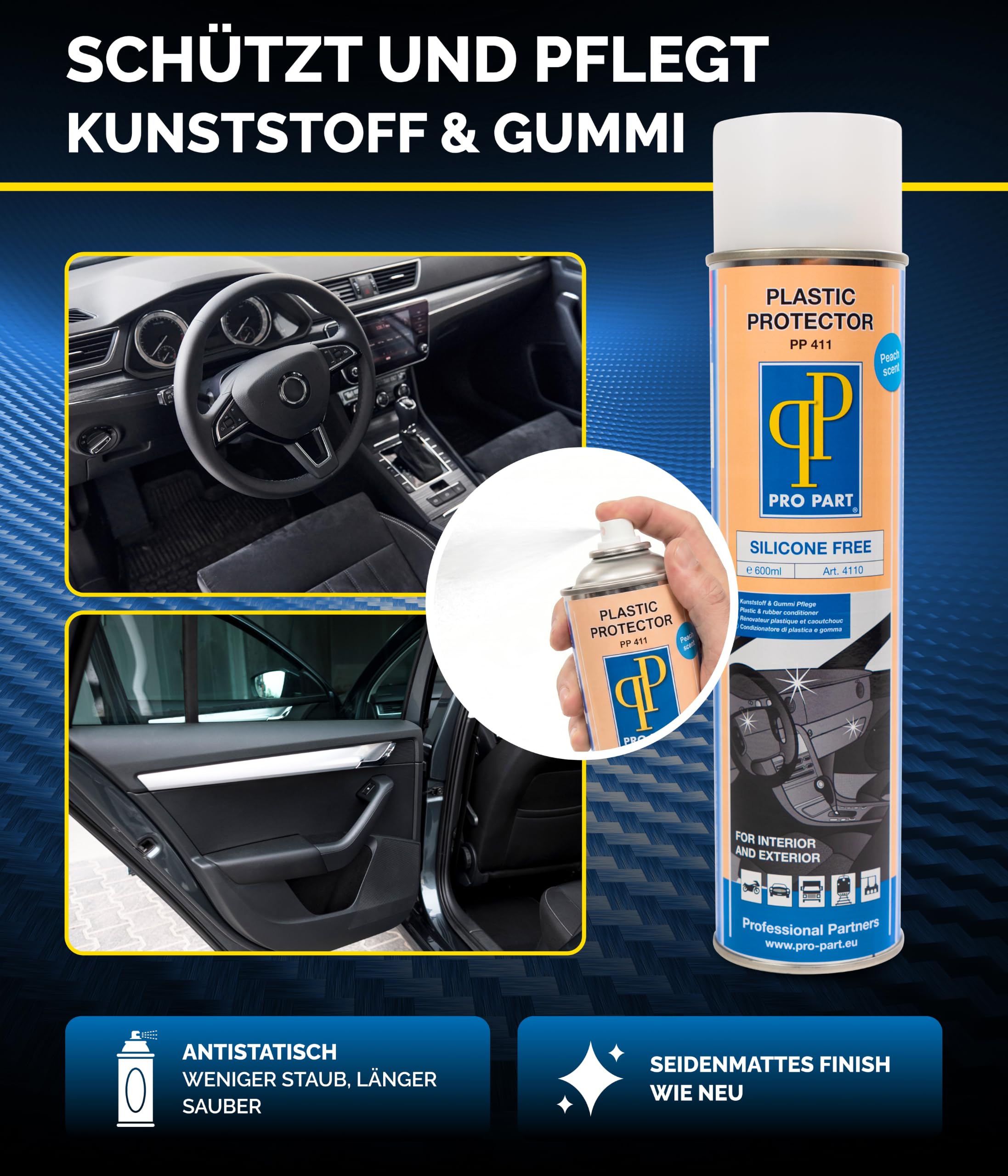 Pro Part® Plastic Protector Kunststoffpflege Spray (3x600 mL) – silikonfrei, seidenmatt, Nicht fettend–antistatisch,angenehmer Duft –Gummipflege Auto Innen Außen–Made in EU