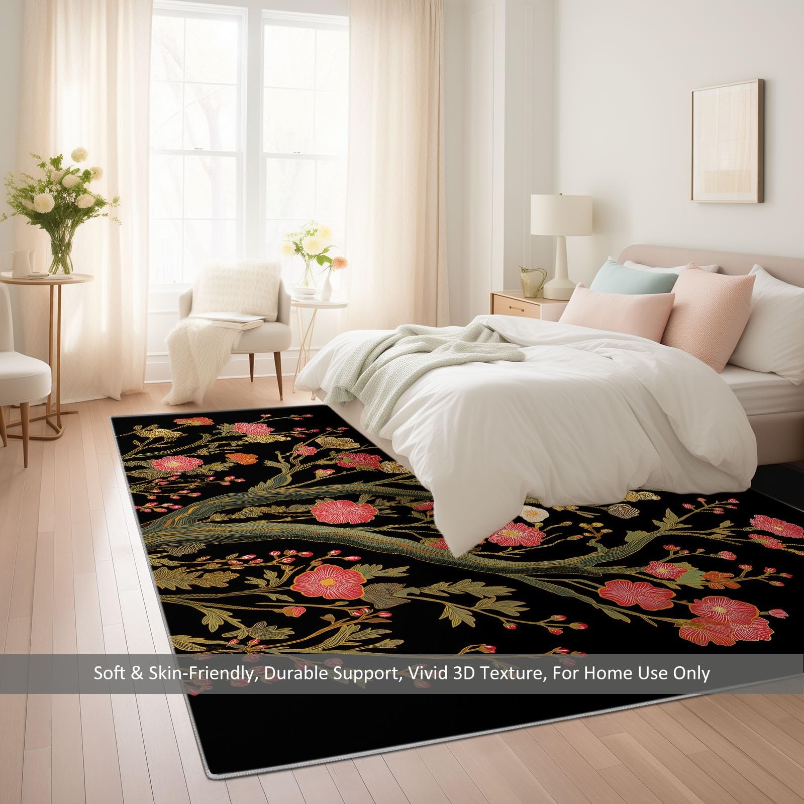 Tapis Salon Lune Fleurs Branches 80x150cm Tapis Poils Courts Doux Antidérapant, Décorer Intérieur Moderne pour Chambre Cuisine Salle à Manger Bureau