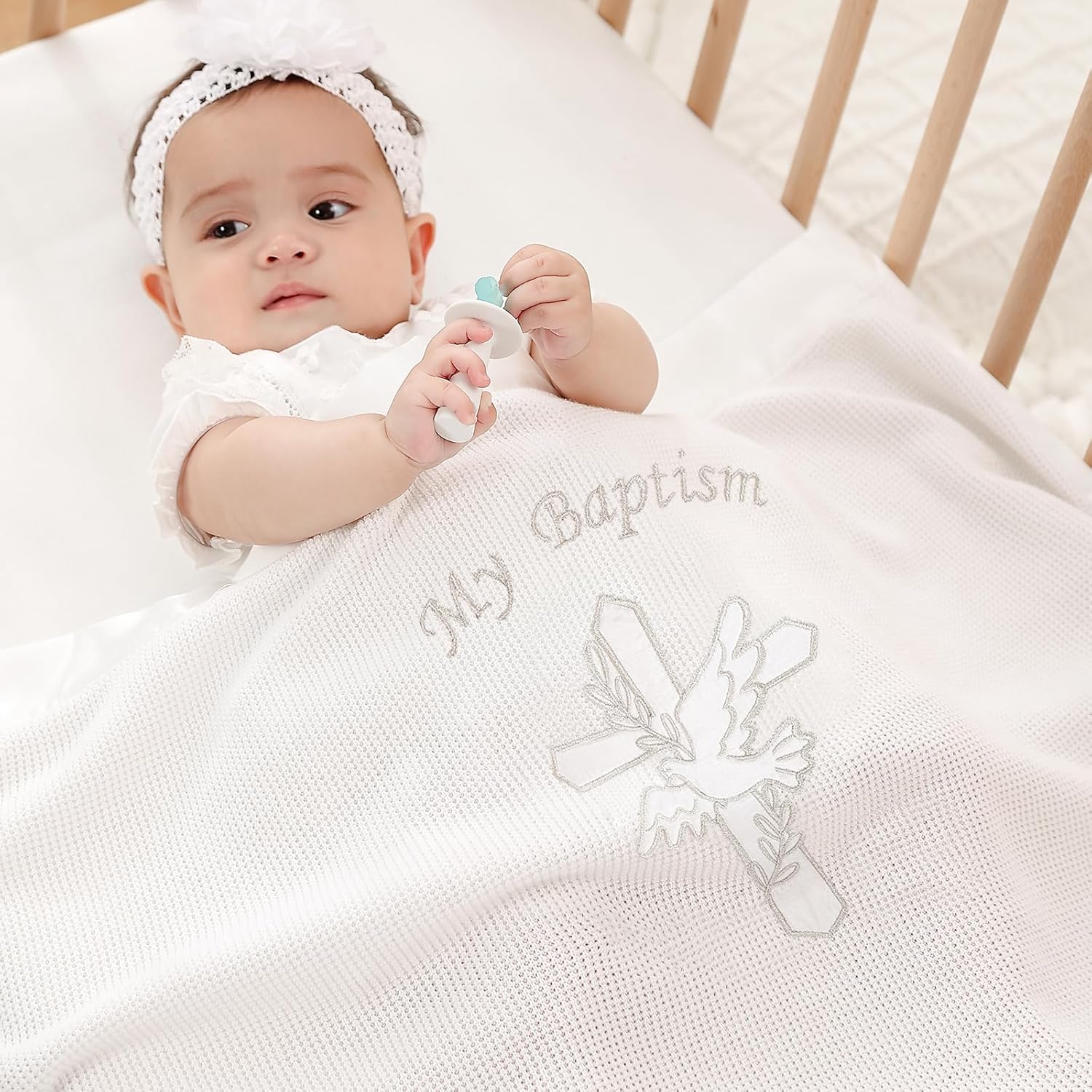 Cotton Baby Baptism Blanket – White Christening Shawl with Satin Trim & Embroidered Cross, Soft Receiving Blanket for Newborn Boys & Girls, 40x31 Inches with Gift Box - Image 2