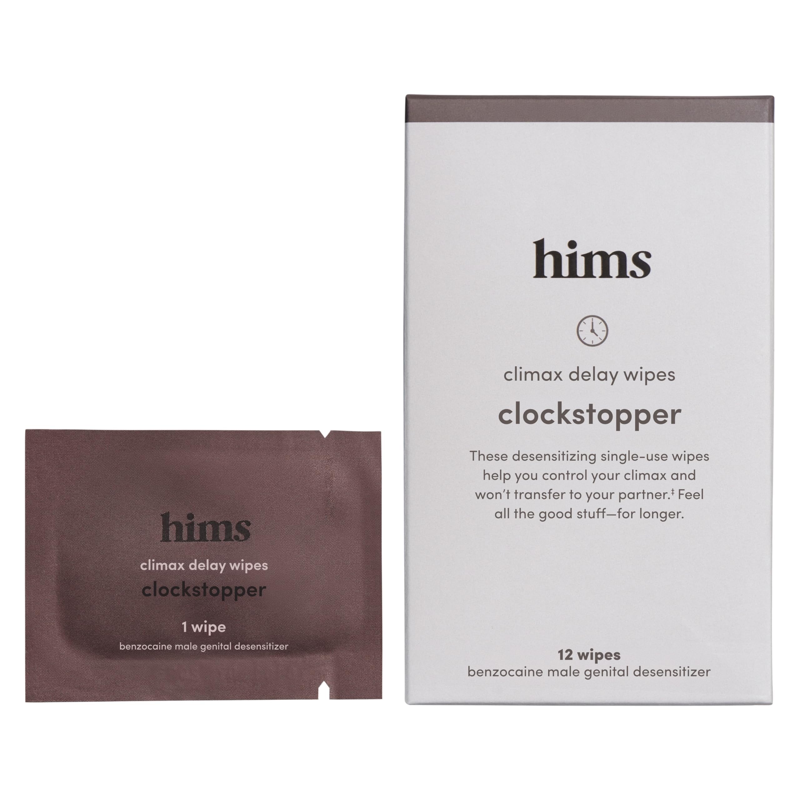 HIMS Clockstopper Climax Delay Wipes - Benzocaine Desensitizing Formula - Fast-Acting Climax Solution for Men - Fragrance-Free & Mess-Free - Individually Wrapped, 12 Pack