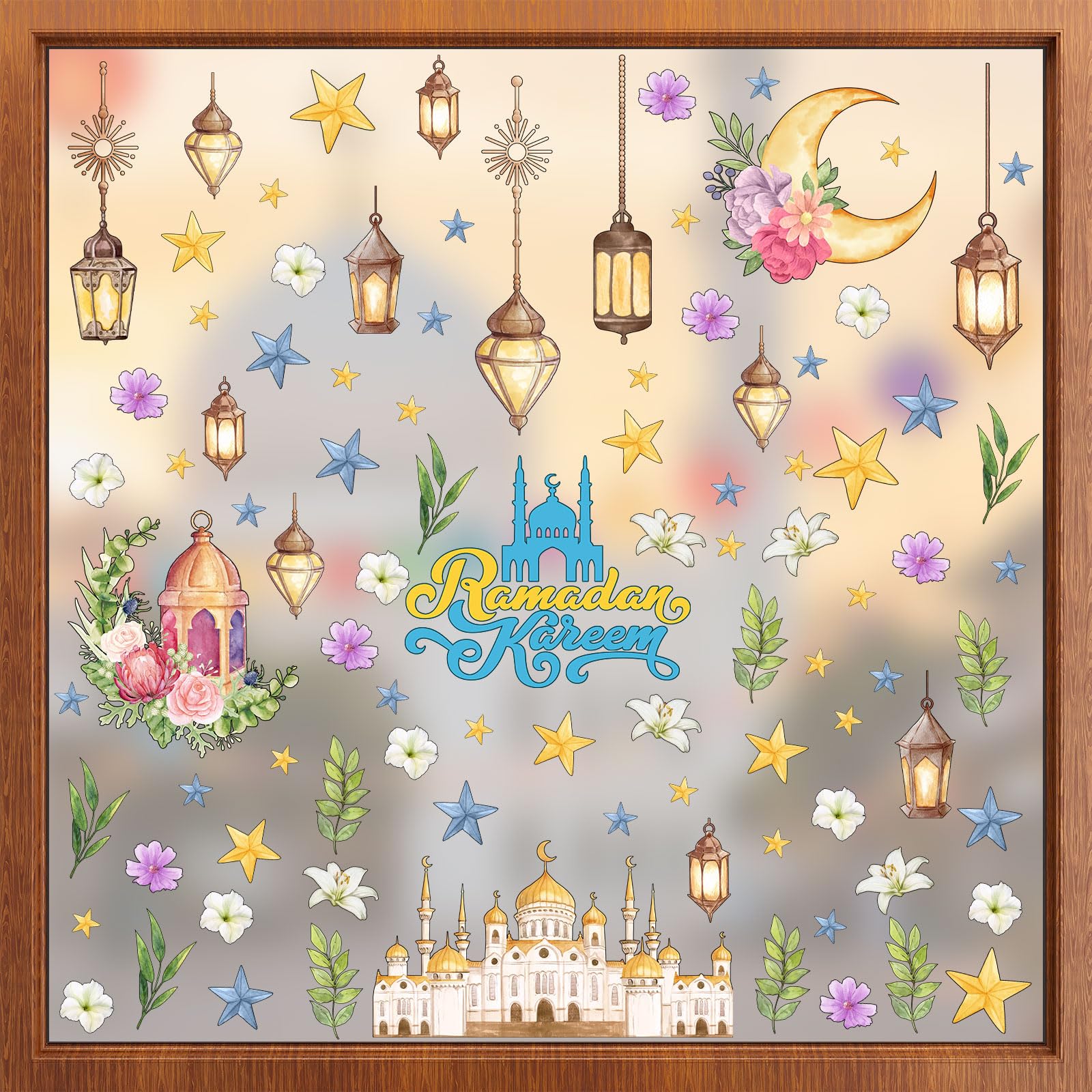 ZAWE 9 Sheets Castle Lantern Stars Moons Flowers Leaf Ramadan Kareem Window Clings Double-Sided Reusable Static Window Decals Stickers for Party Home