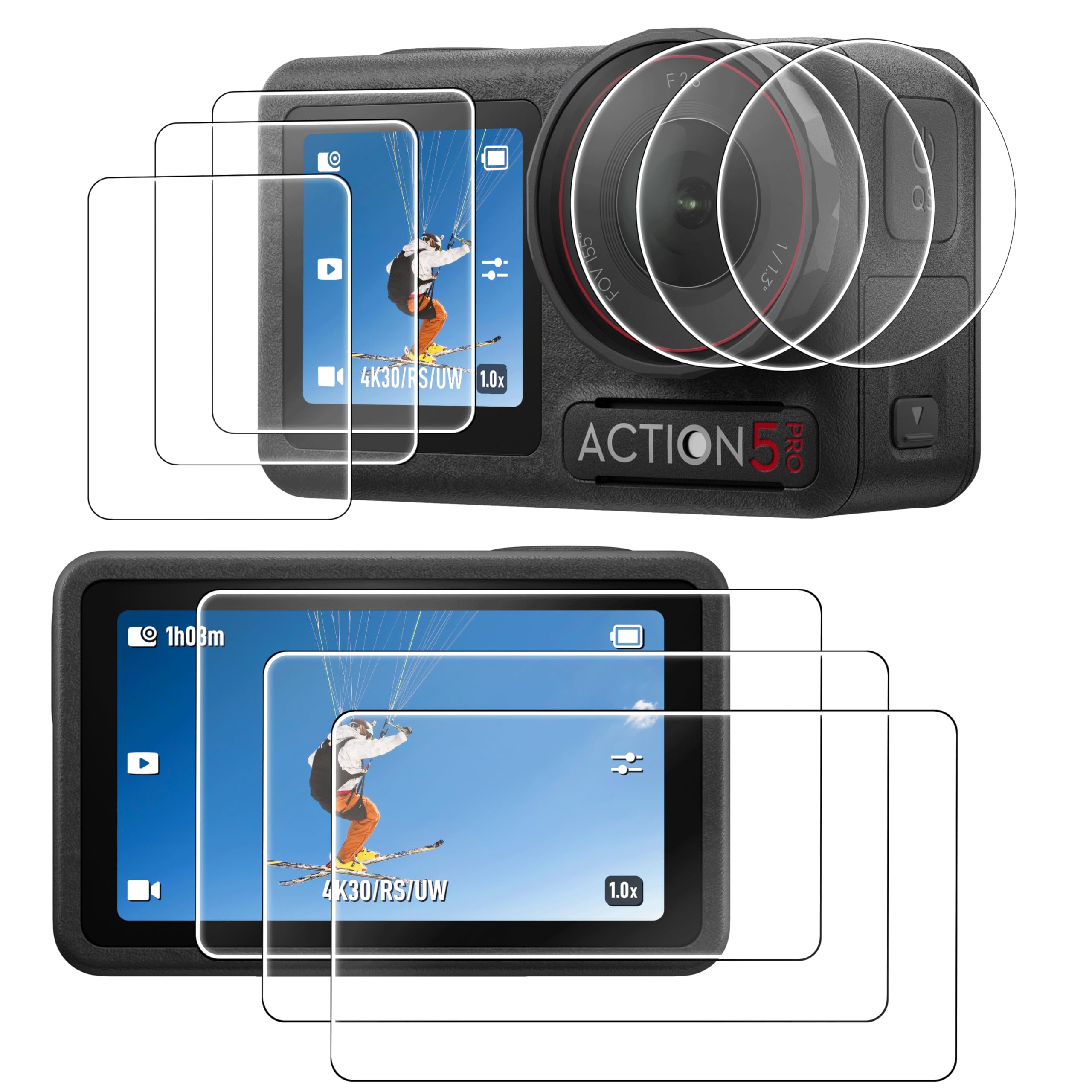 OKFUN 9PCS(3Sets) Screen Protector for DJI Osmo Action 5 Pro,Tempered Glass Screen Protector Cover,Ultra HD 9H HardnessScratch Resistant,Bubble-Free