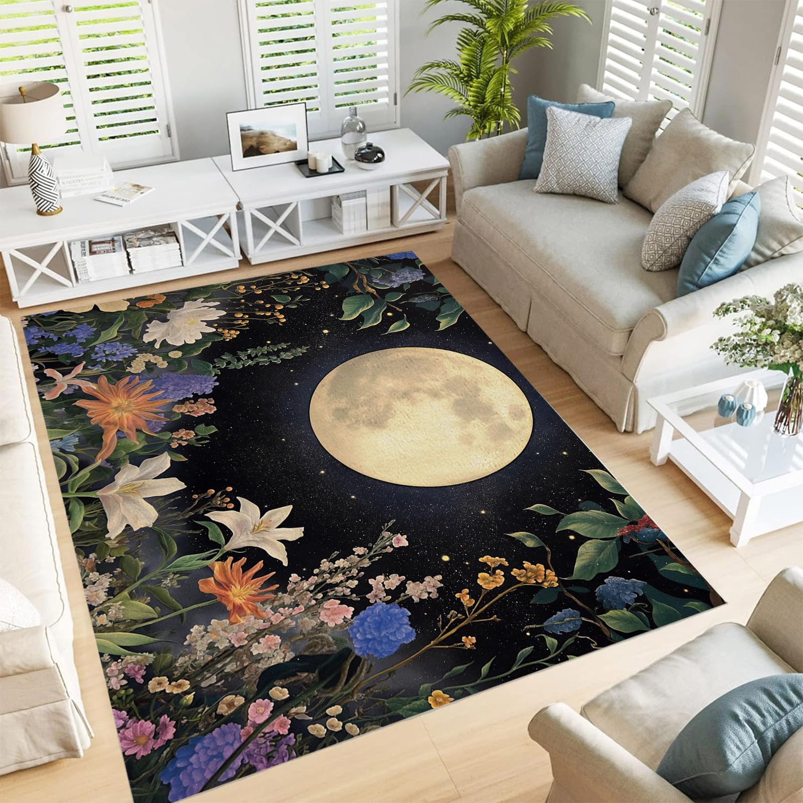 Tapis poils ras moderne plantes et fleurs 150x210 cm pour salon