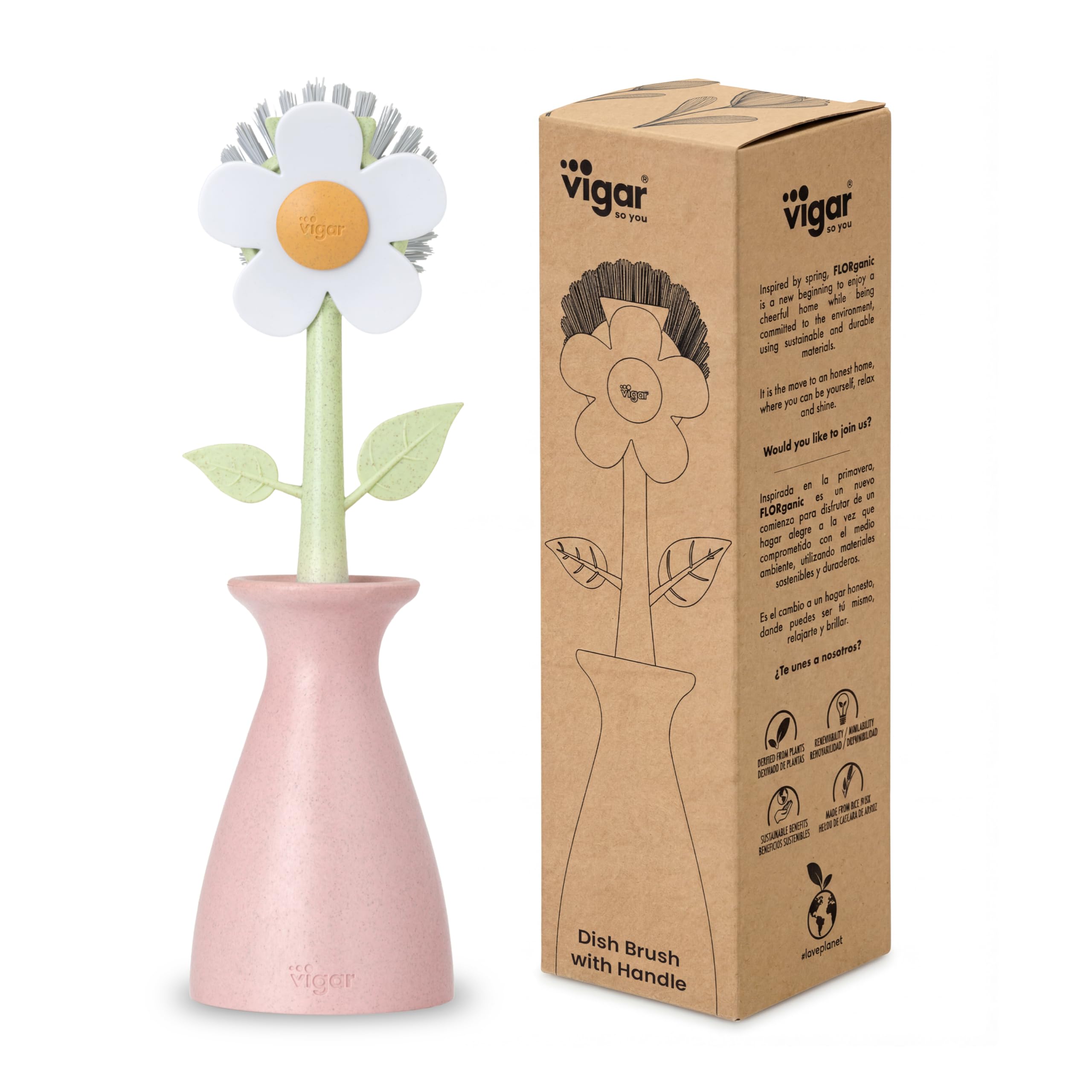 Florganic Daisy-Shaped Dish Brush with Vase Dish Brush Holder, Dish Brush with Handle, for Pot Scrubber, Kitchen Dishes, and Sink Cleaning, Pink