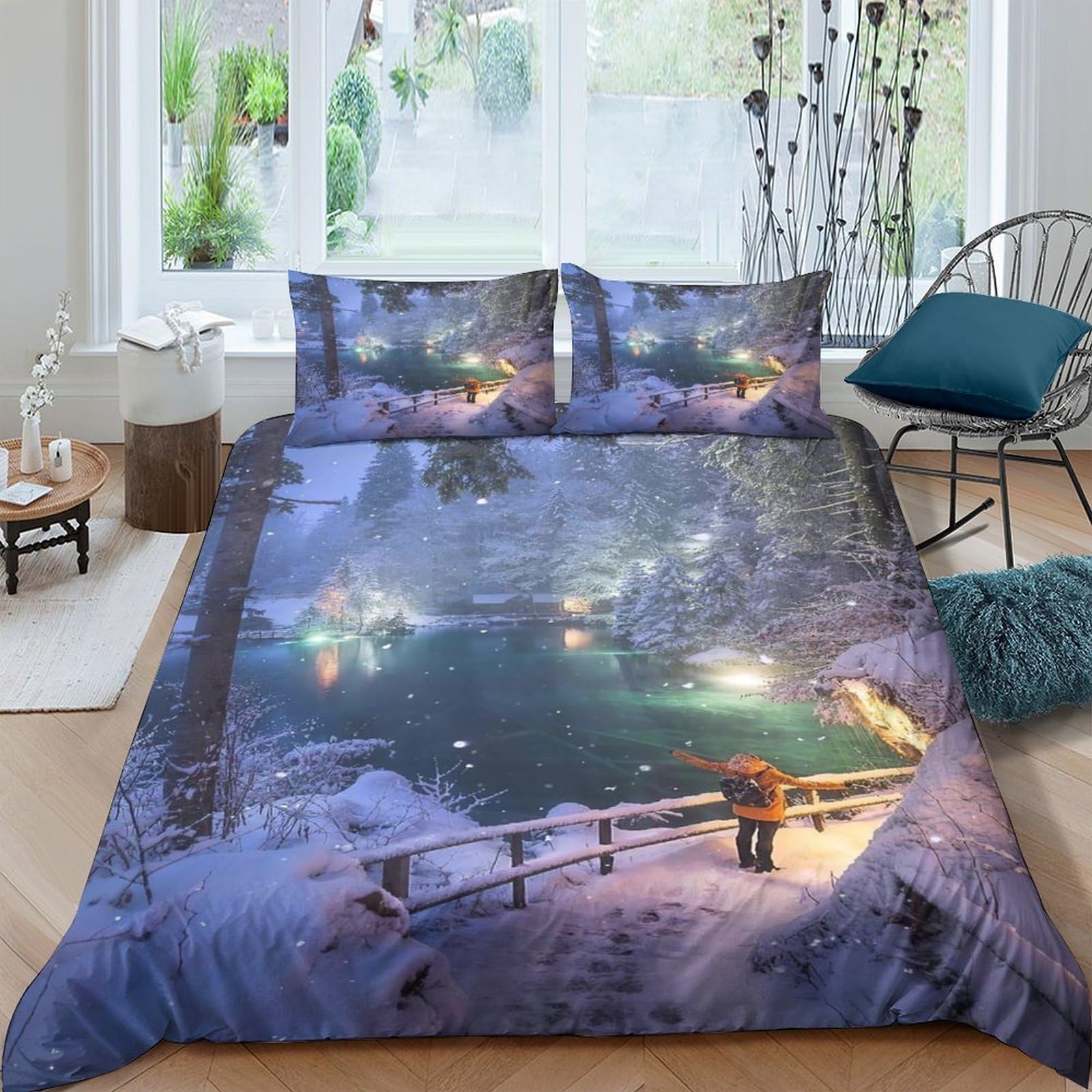 Ctjqhvkz Style-6 3D Printed Winter Night Landscape Fitted Sheet Microfiber Soft Breathable Snowy River Bed Cover For Bedroom Decor Single（135X200cm）
