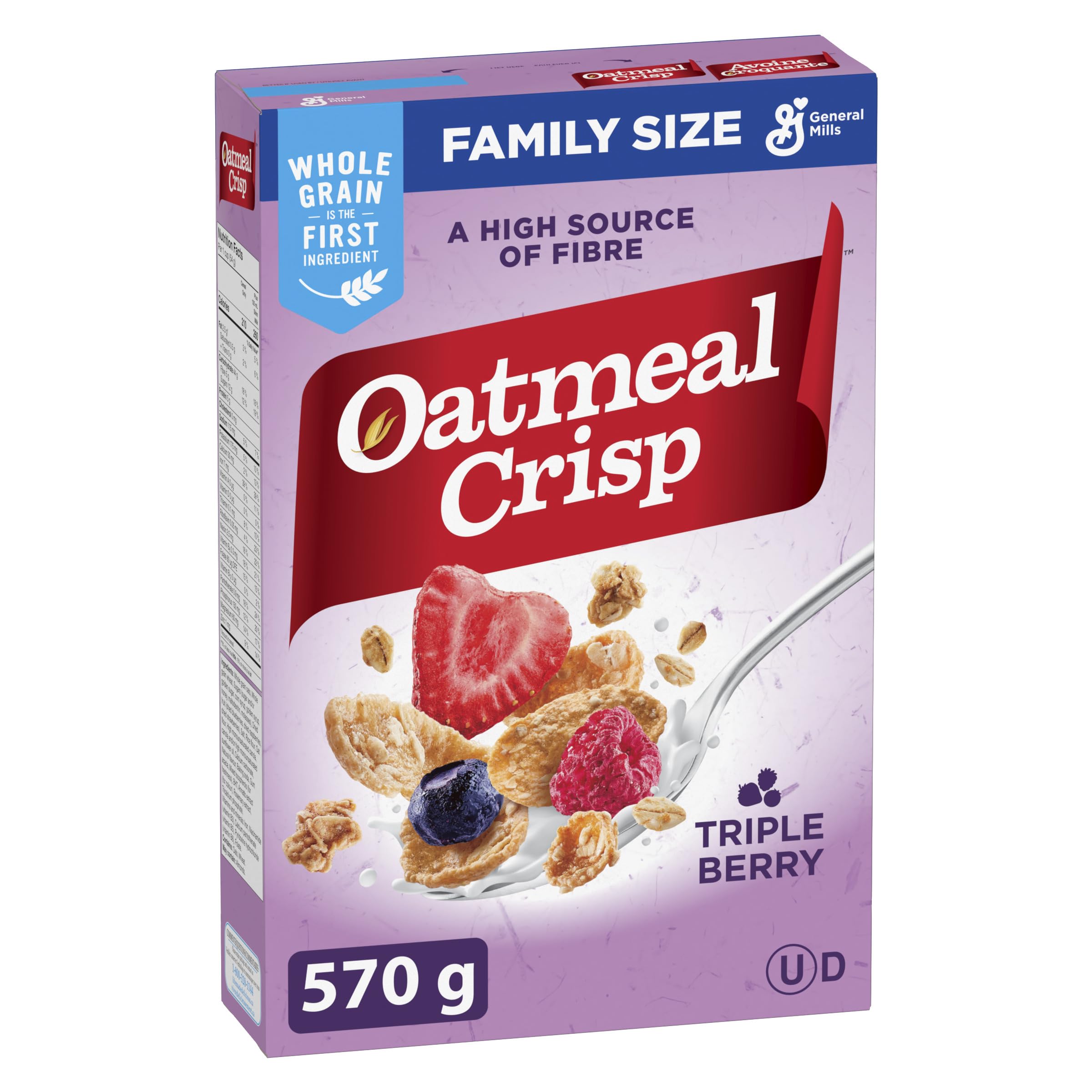 Oatmeal Crisp - Family Size Pack - Triple Berry Cereal Box Whole Grain is the First Ingredient 570 Grams Package of Cereal