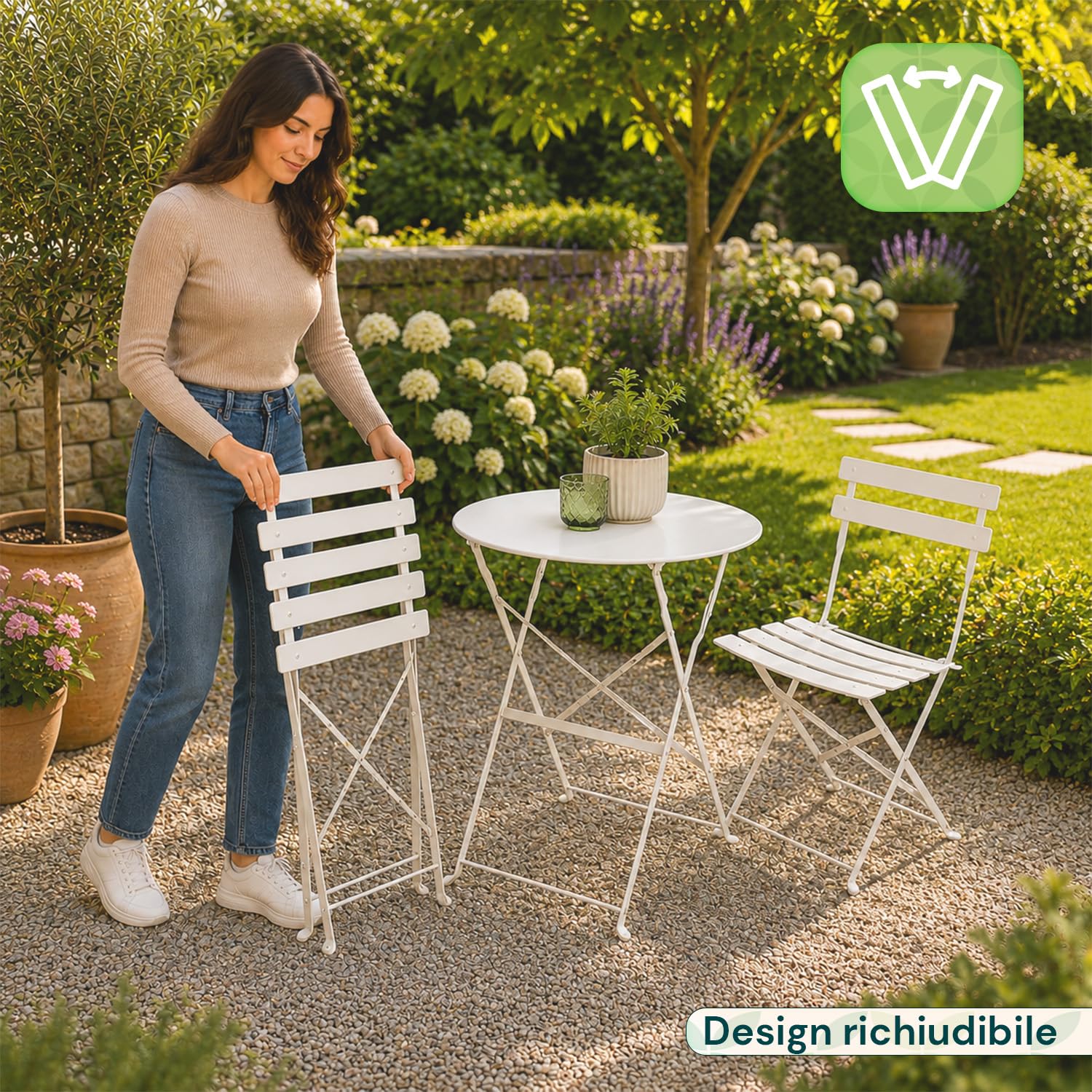 Avilia - Set Tavolo e 2 Sedie da Giardino Pieghevoli – Tavolo Rotondo Ø60 cm, 2 Sedie, Ferro | Tavolo e Sedie da Esterno, Tavolo 150 kg, Sedie 100 kg, Chiudibile, Balcone e Terrazzo (Bianco)