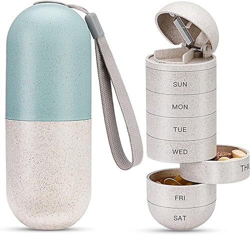 Zannaki Pastillero semanal 2 en 1 con cortador, pastillero semanal de fibra de grano, compartimento grande, a prueba de humedad, cierre magnético,