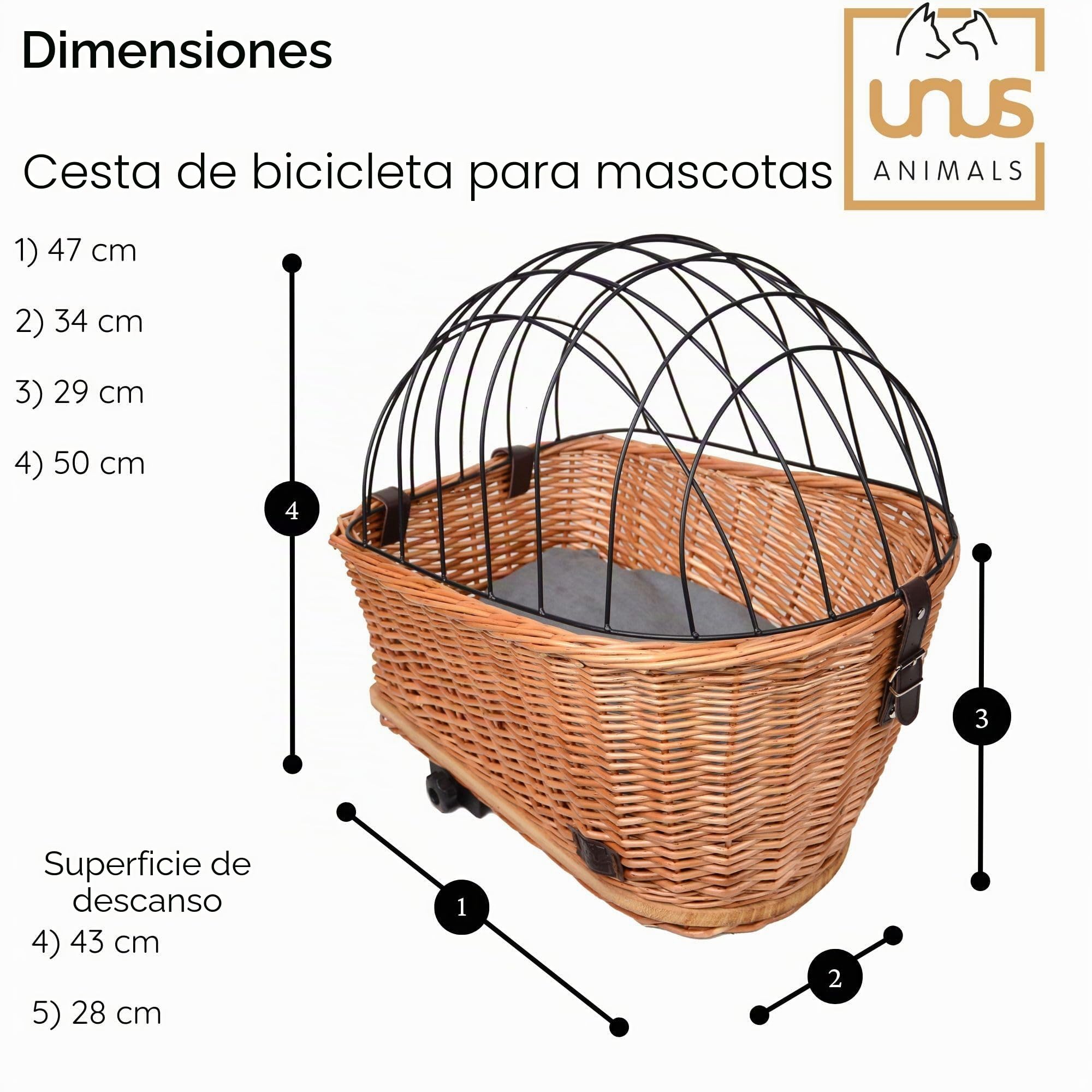 UNUS Cesta para bicicleta para perros de mimbre con cubierta de rejilla y cojín, 47 x 29 x 34 cm