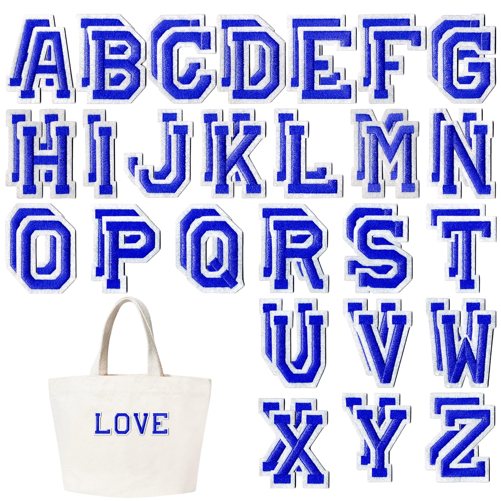 Iron on Letters for Clothes, 52 Pcs Iron on Letter Patches Alphabet A-Z Embroidered Patches with Ironed Adhesive Fabric Letters for Sewing Jackets, Coats, Shirts, Hats, Bags, Jeans (Blue)