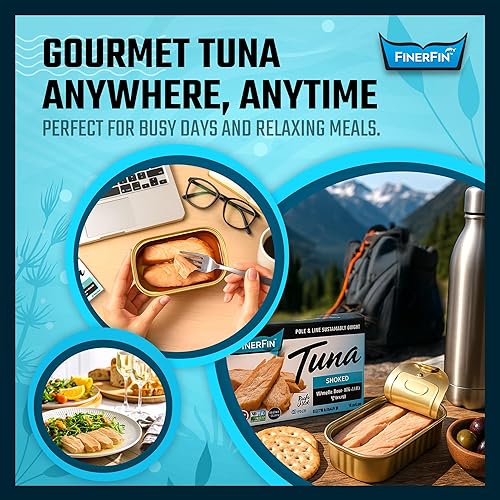 Miniatura 4 de FinerFin Filetes de atún ahumado prémium en aceite de oliva virgen extra orgánico, 4.4 onzas (paquete de 12) | Corte a mano | Filetes gourmet listos