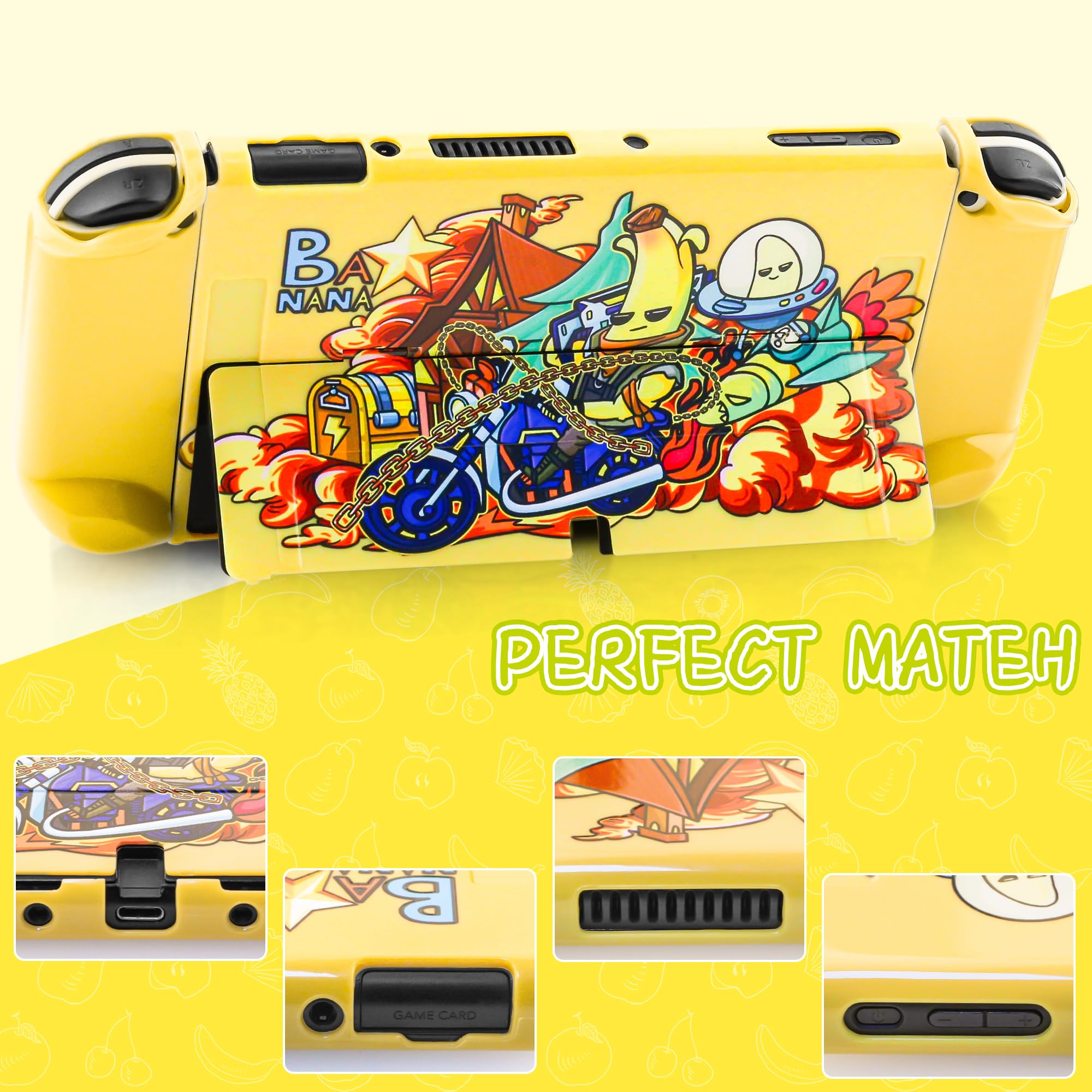 FUNDIARY Custodia da trasporto gialla compatibile con Nintendo Switch OLED, grazioso pacchetto di accessori a banana per console Switch con guscio protettivo rigido per PC, pellicola protettiva HD e 2