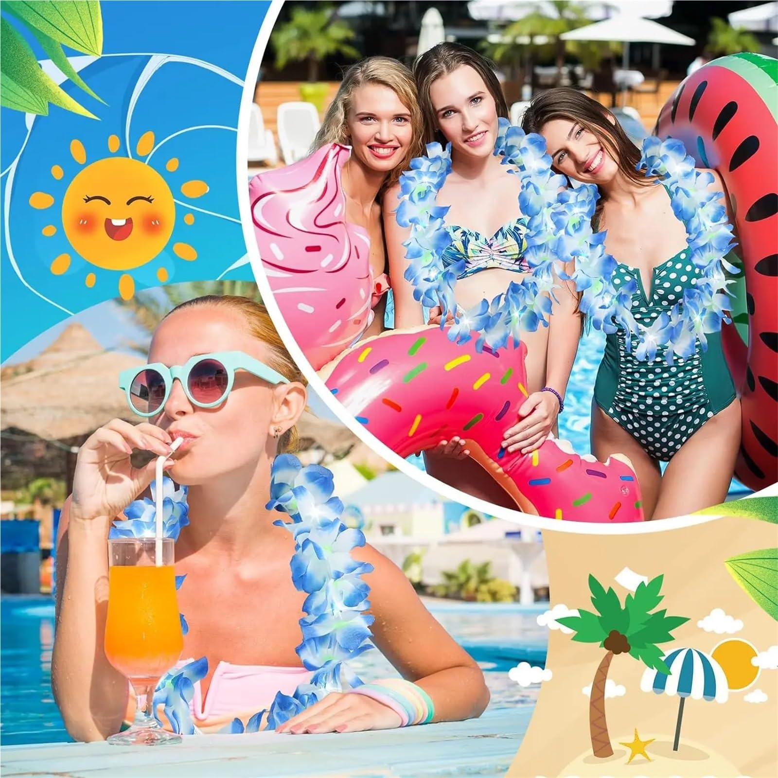 24 Stück Hawaiiketten for Frauen und Mädchen, blau, Leuchtend, leuchtende Blumenketten, Halskette, Kranz, Girlanden, Strand, Sommerparty Für Strandpartys,Zusammenkünfte
