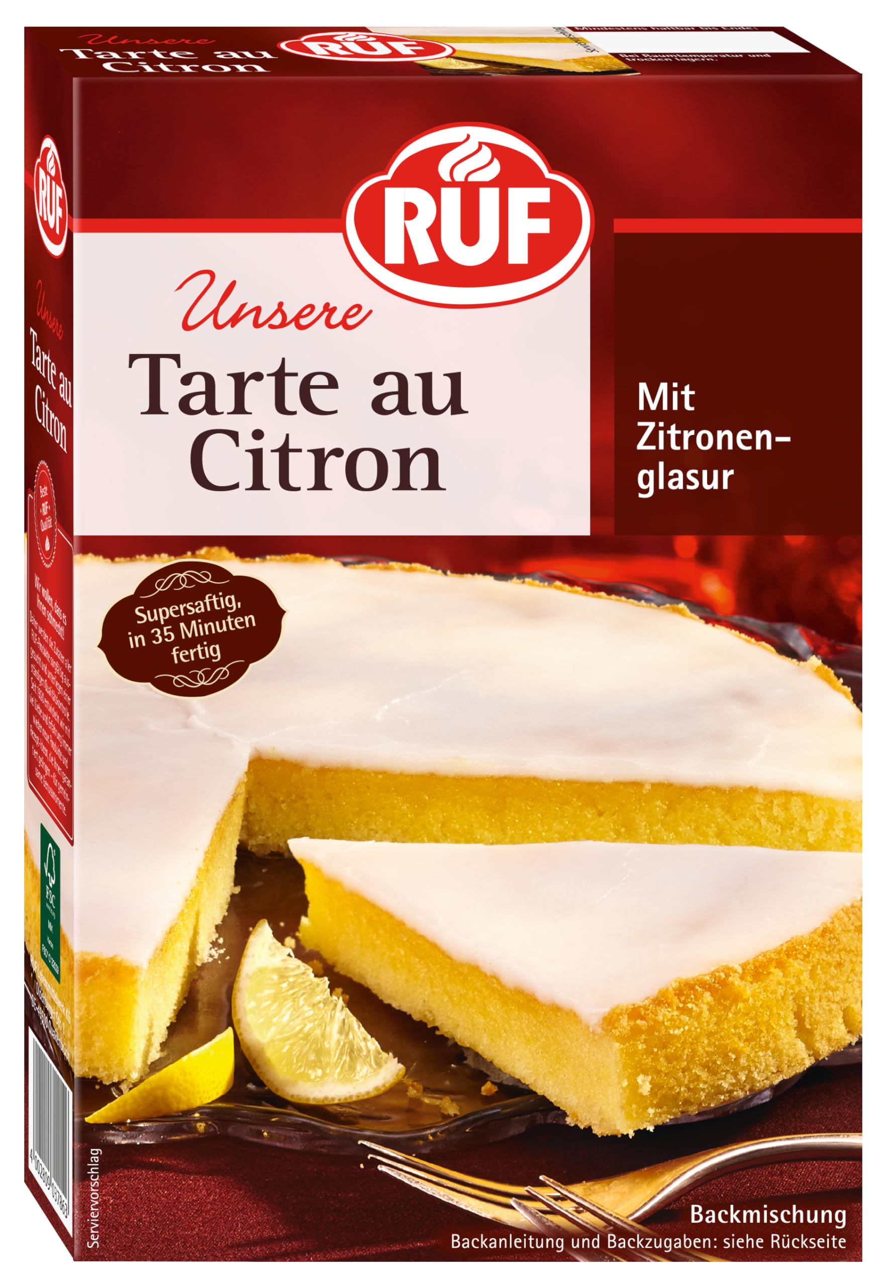 RUF Tarte au Citron, Backmischung für einen schnellen Zitronen-Kuchen französischer Art, mit fruchtiger Zitronen-Glasur