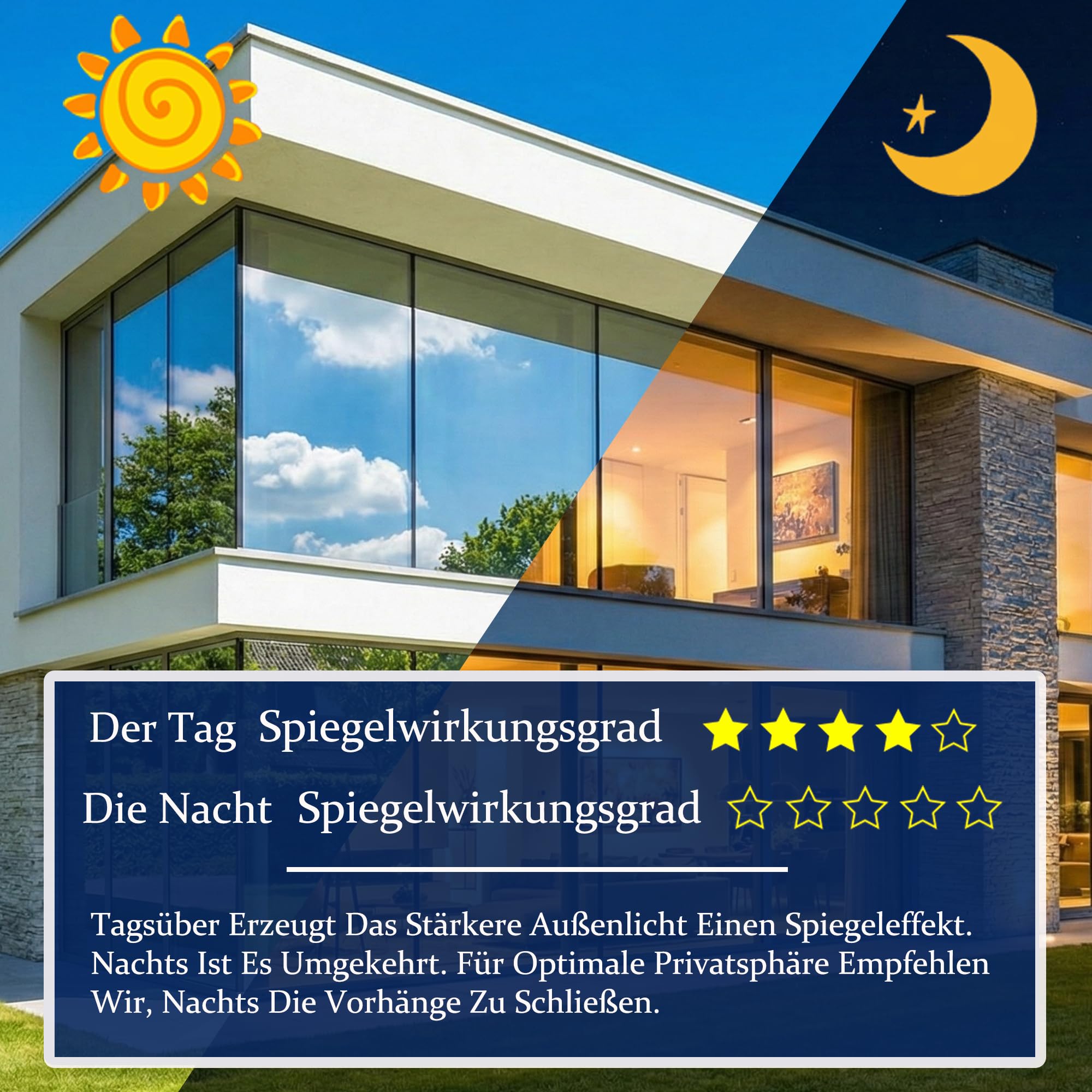 Spiegelfolie Fenster Sichtschutz Hitzeschutz 76X400CM Rückstandslos Sonnenschutzfolie Fenster innen 99% UV Schutzfolie Fensterfolie Blickdicht von aussen Kleberlos Spiegelfolie Selbstklebend